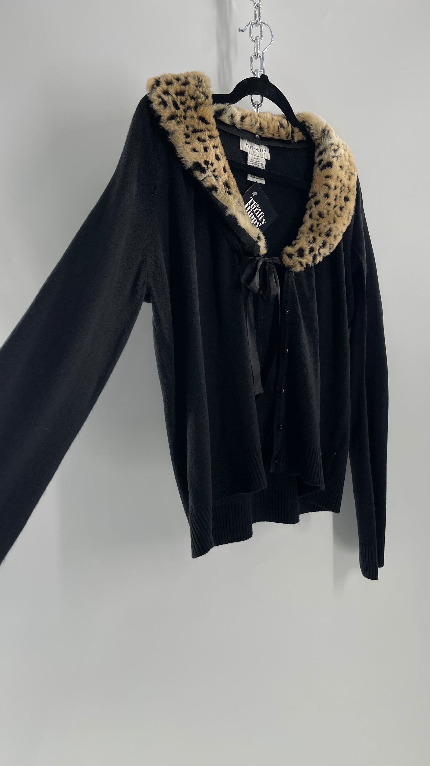 Vintage Cheetah Fur Trim Collar Cardigan (Large)