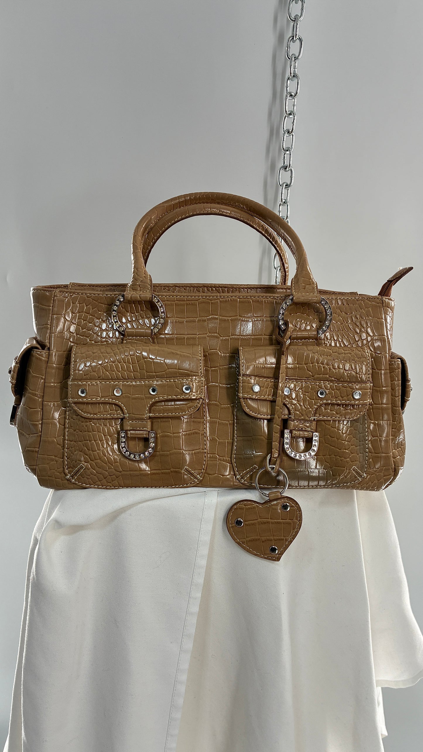 Vintage VALERIE STEVENS Crocodile Embossed Tan Shoulder Bag with Rhinestones and Heart Charm