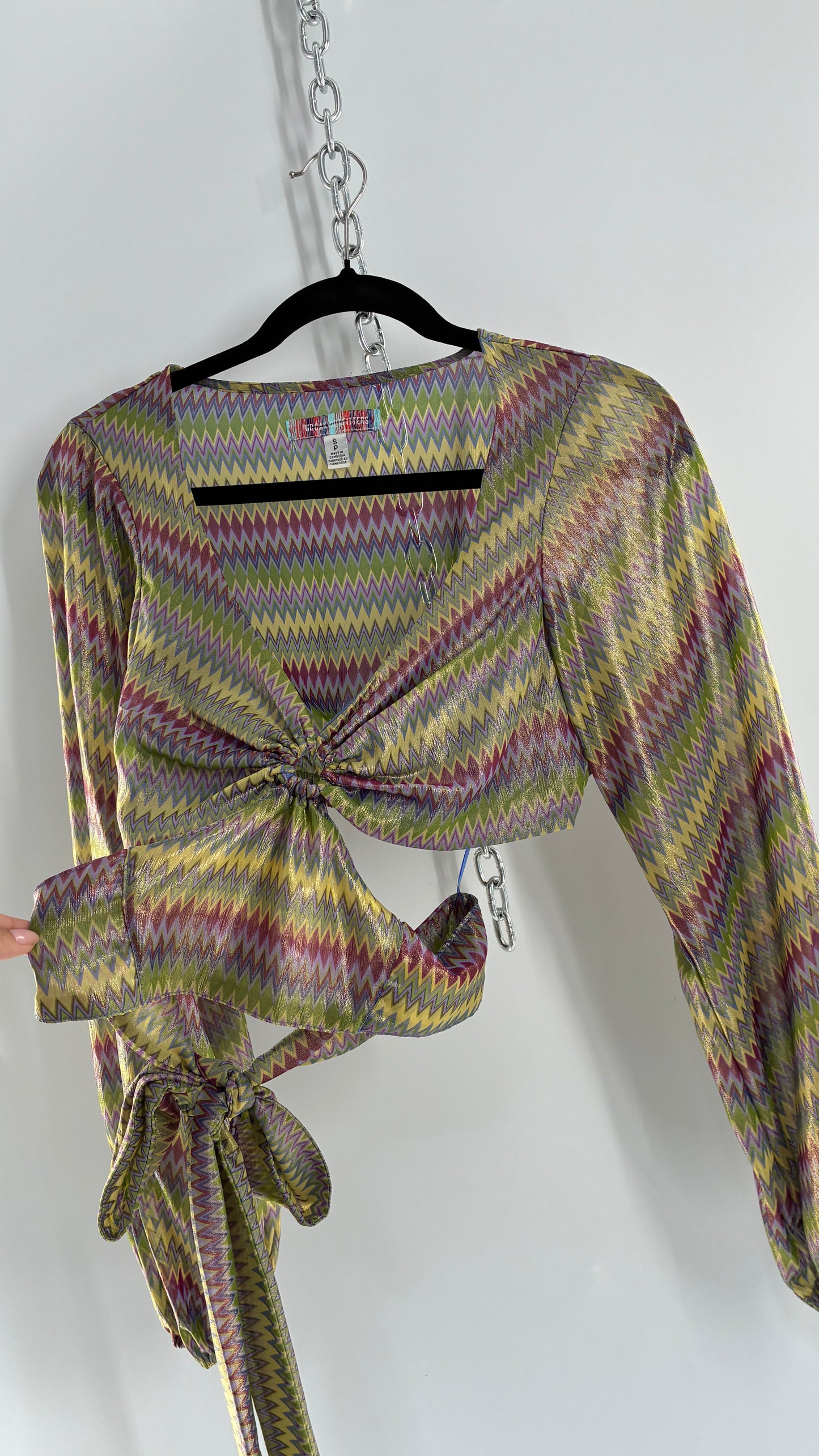 Urban Outfitters Green Open Side Tie Around, Balloon Sleeve Sparkle Top (Small)