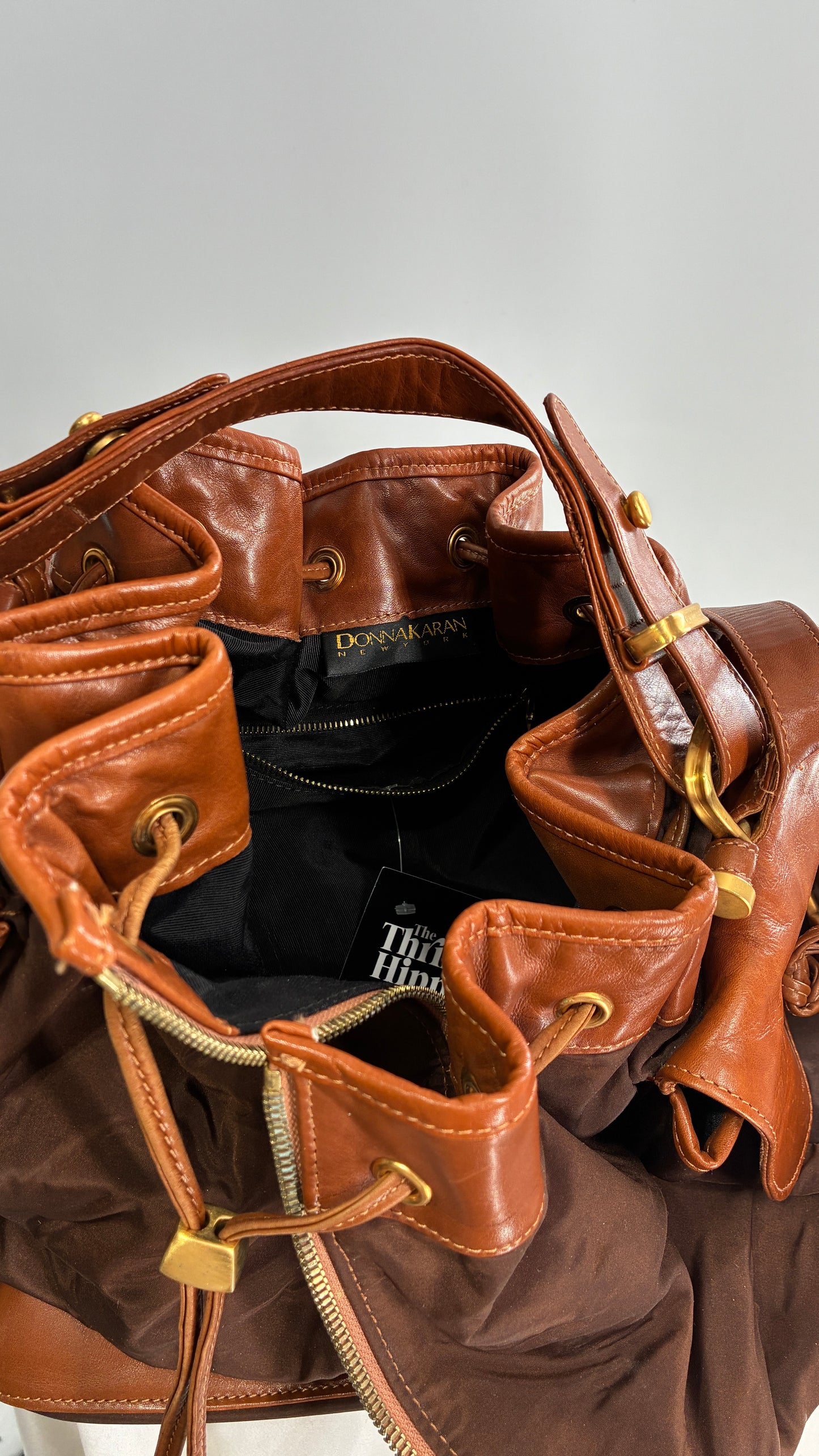 Vintage DONNA KARAN DKNY Oversized XL Brown Zip Front Bag with Leather Details
