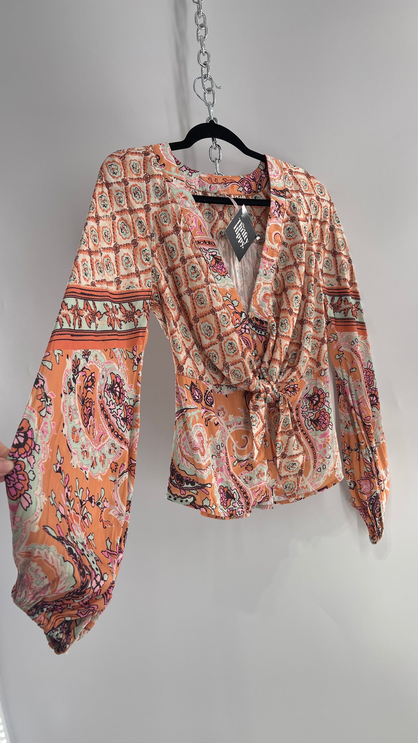 Free People Orange Pastels Paisley Blouse with Bust Tie and Balloon Sleeves (XS)