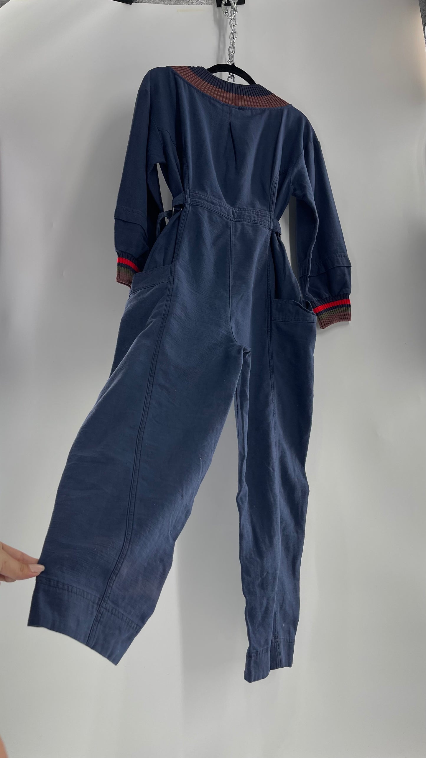 Free People Navy Blue Jumpsuit with Knit Neckline and Wrists (XS)