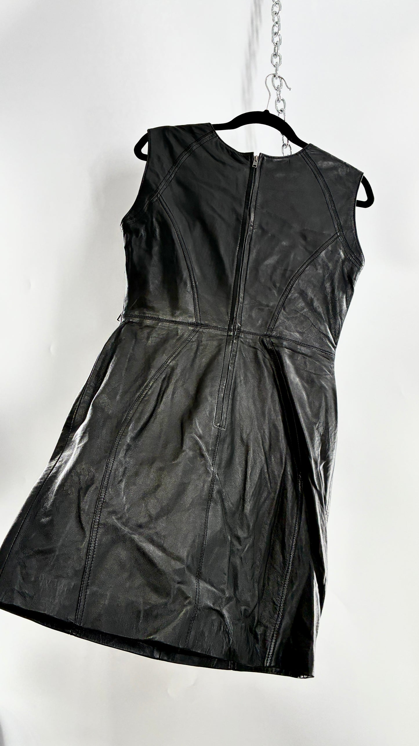 AQUA LUXE Black Leather Bodycon Paneled Dress with Tags Attached (Small)