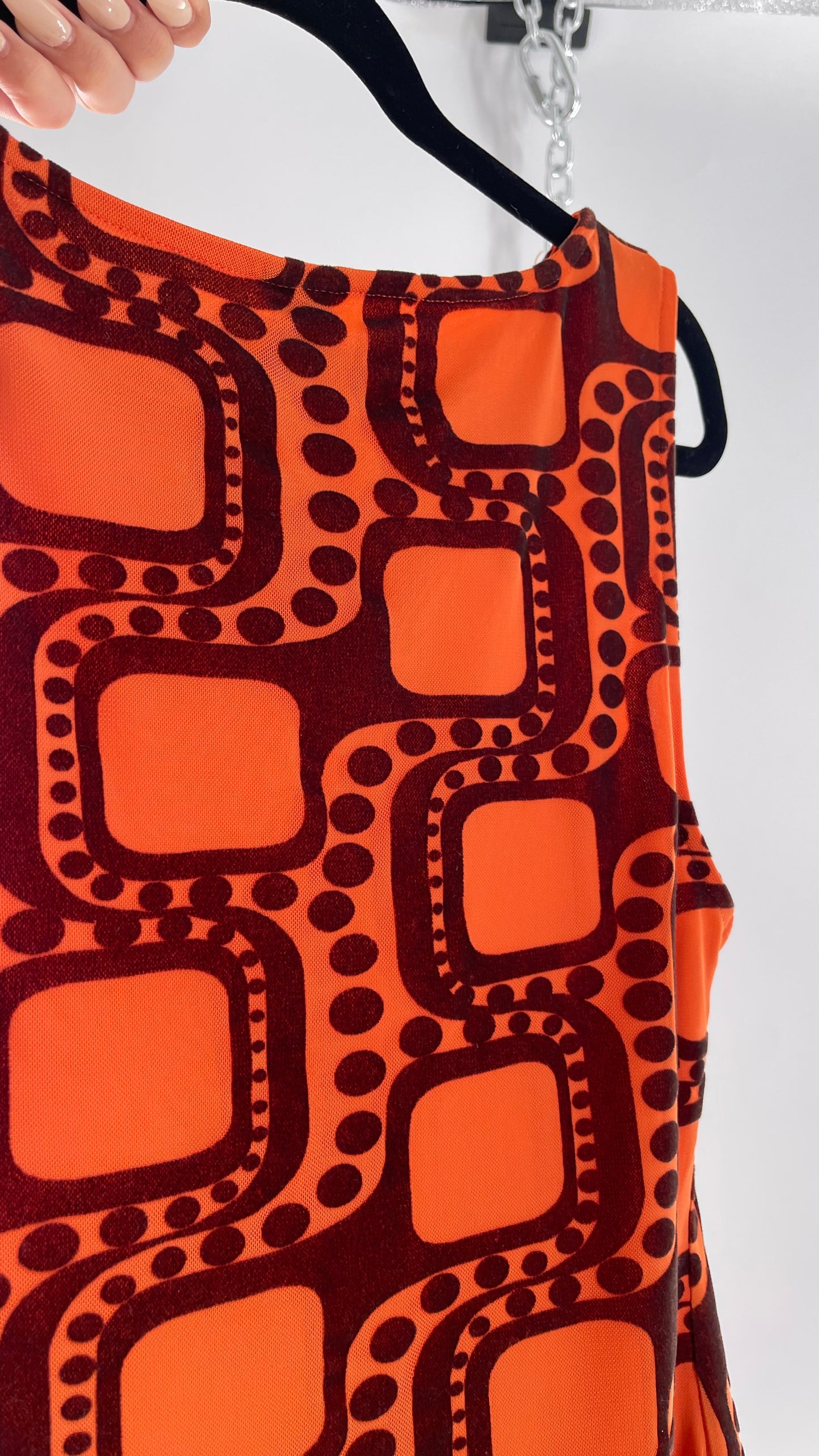 Urban Outfitters Orange Retro Patterned Tunic Dress with Brown Velvet 1970s Print  (Large)