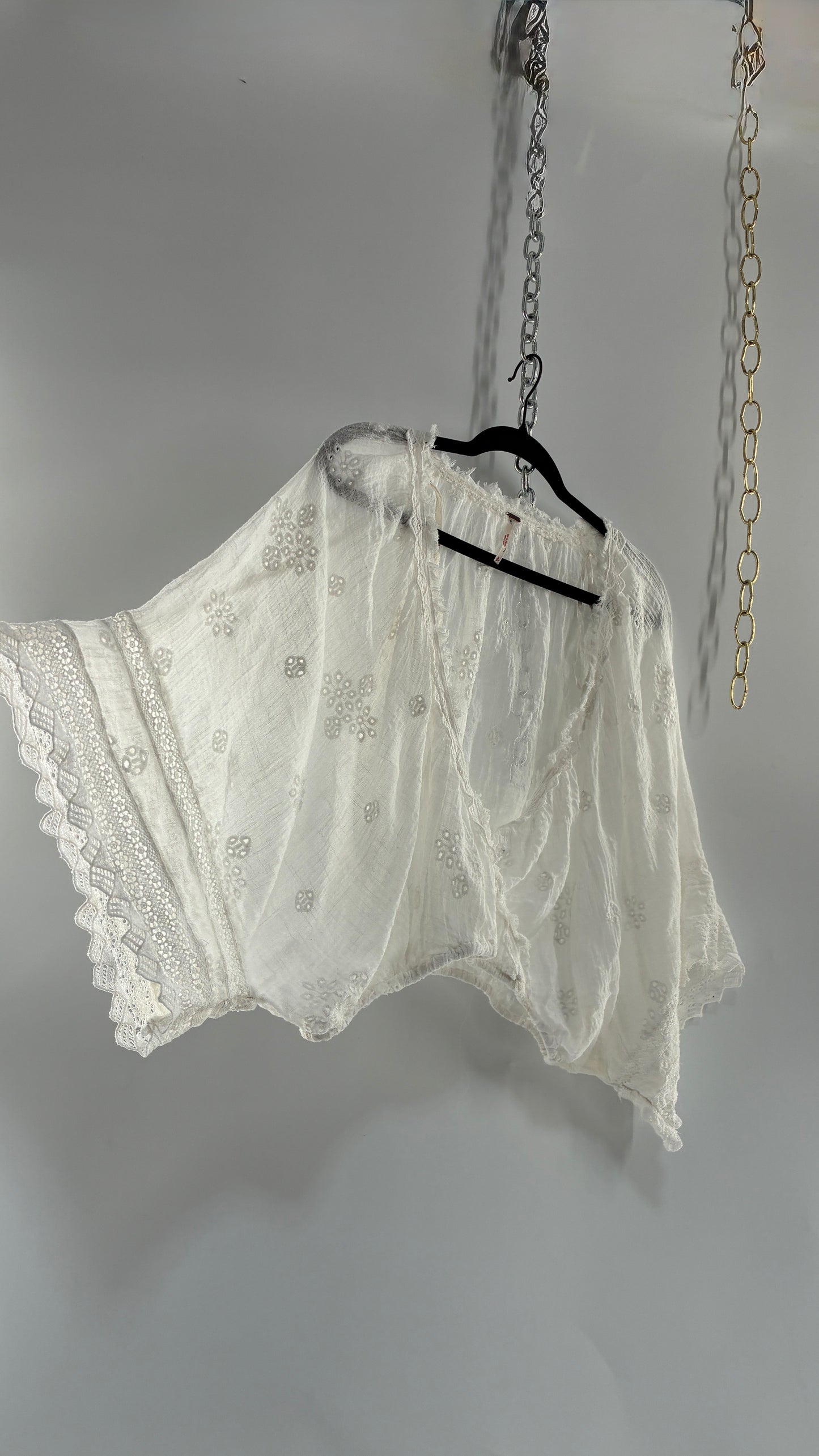 Vintage Free People Cotton Eyelet Embroidered Draping Bubble Top (Small)