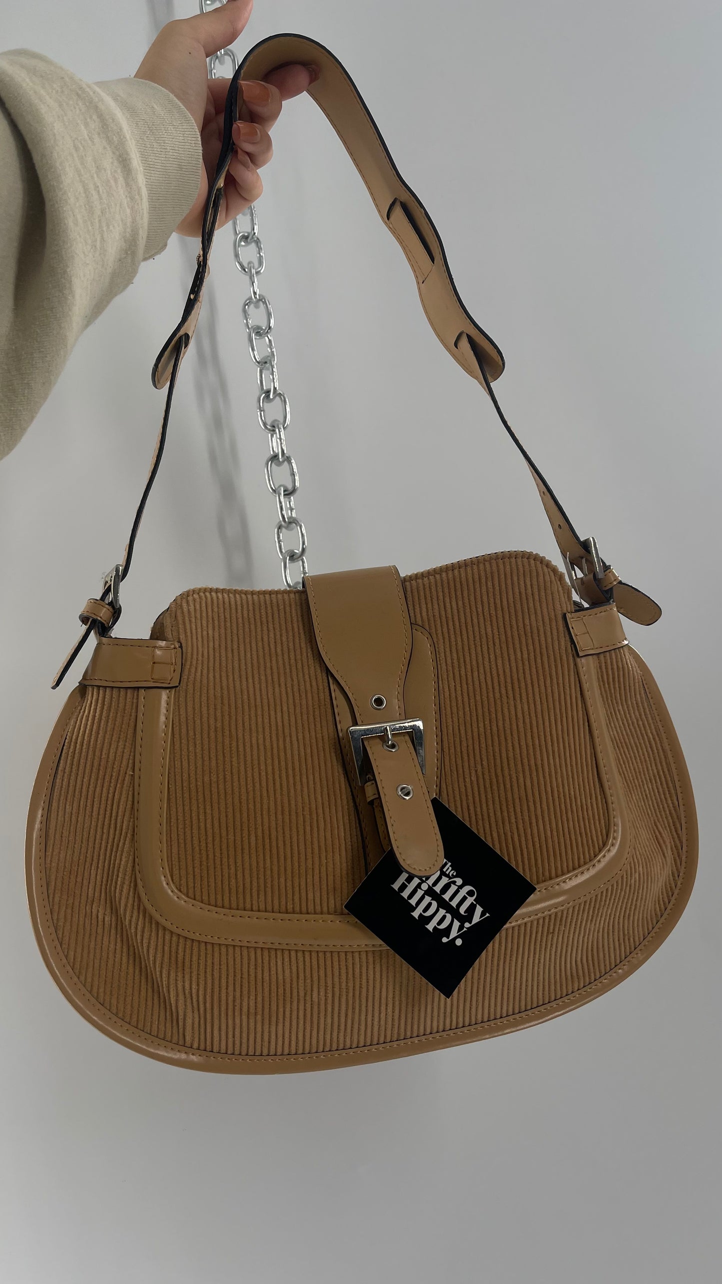 Vintage Tan Corduroy Bag with Buckle Closure