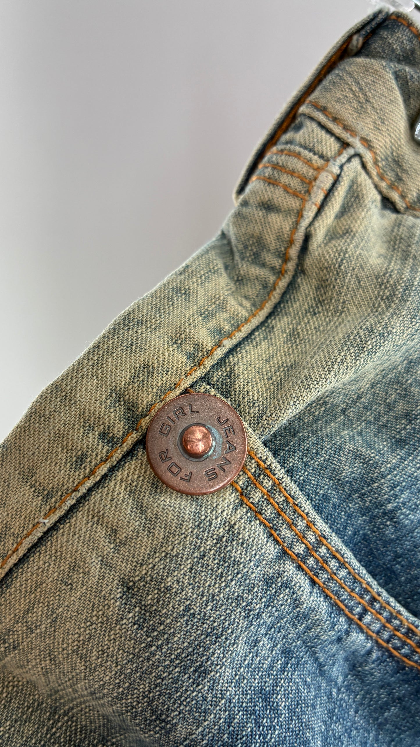 Rare Vintage DONA FLORINDA RIOT GIRLS Faded Wash Denim with Heavy Metal Jacron and Embroidery (38)