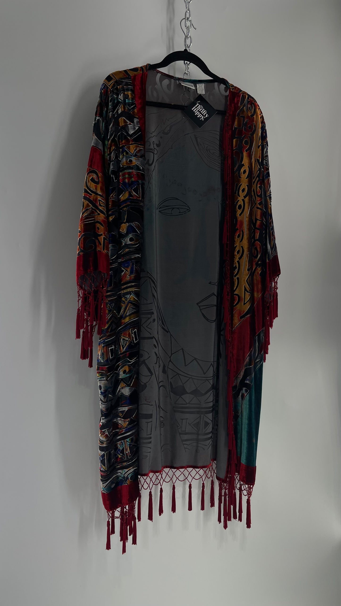 Vintage Burnout Buddhist Motif Velvet/Velour Beaded Fringe Duster Coat/Kimono with Tassel Sleeves and Hems (M/L)