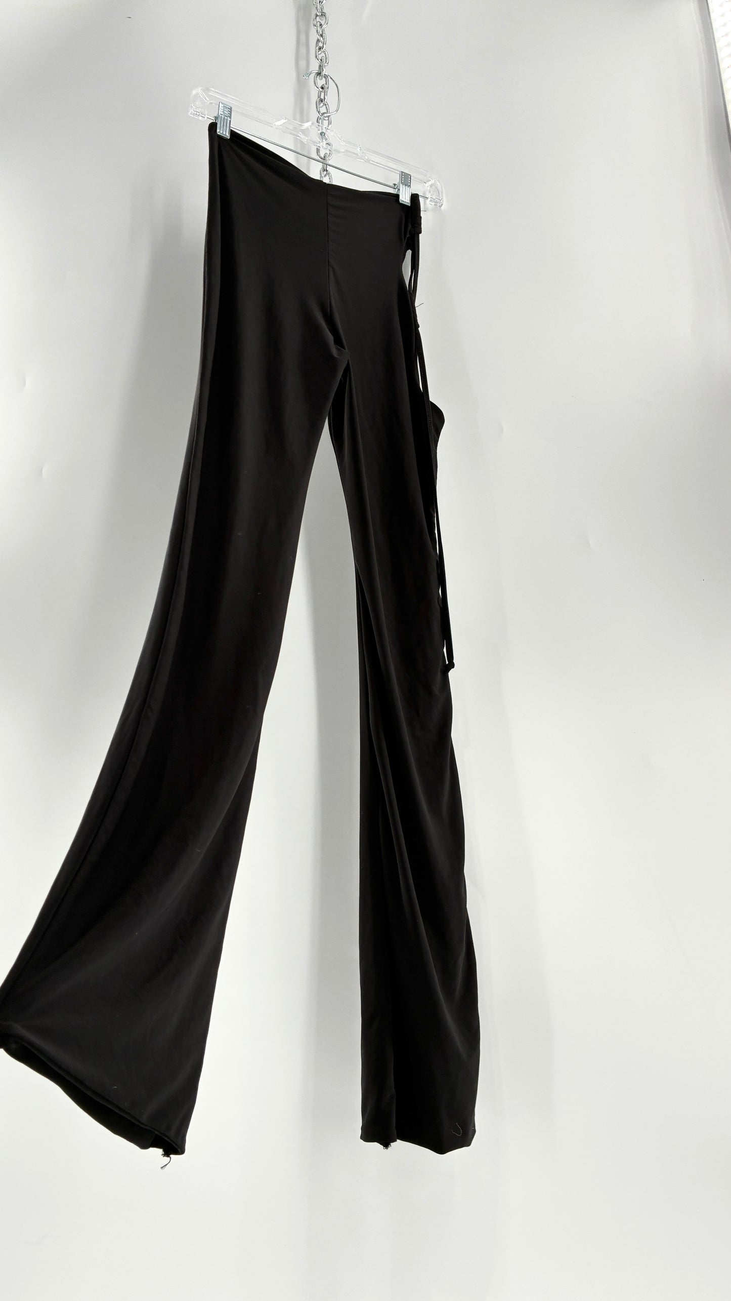 Pretty Little Thing Black Slinky Tie Side Cut Out Flared Double Lined Thick Trousers with Tags Attached (10)