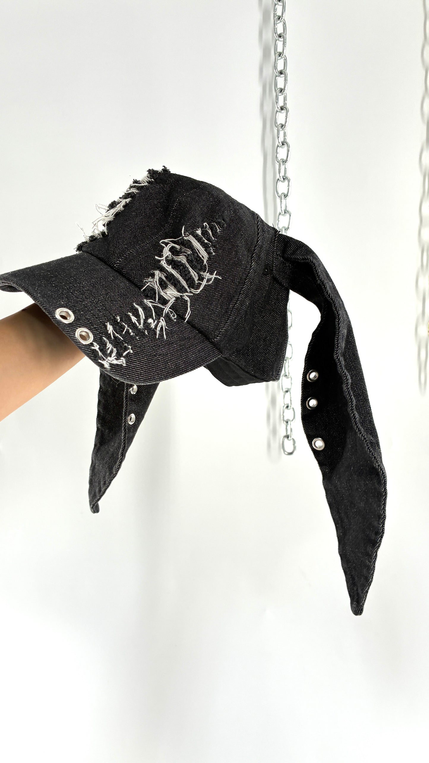 Vintage OLIVEGREY Black Distressed Denim Bunny Hat with Piercings