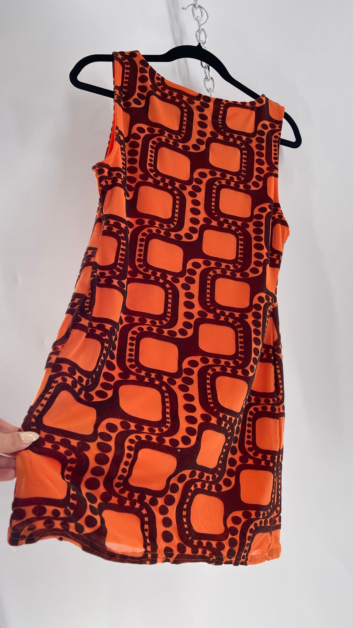 Urban Outfitters Orange Retro Patterned Tunic Dress with Brown Velvet 1970s Print  (Large)