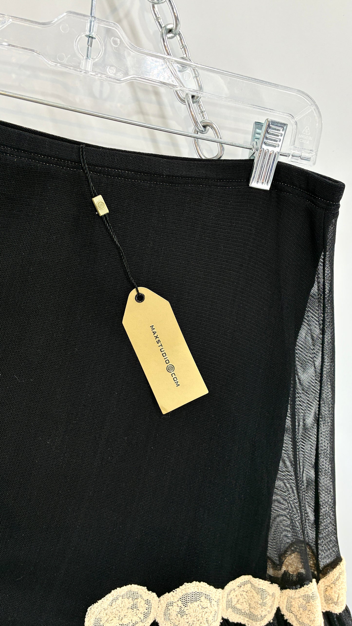 Deadstock MAXSTUDIO 100% Silk Black Skirt with Lace Trim (Small)