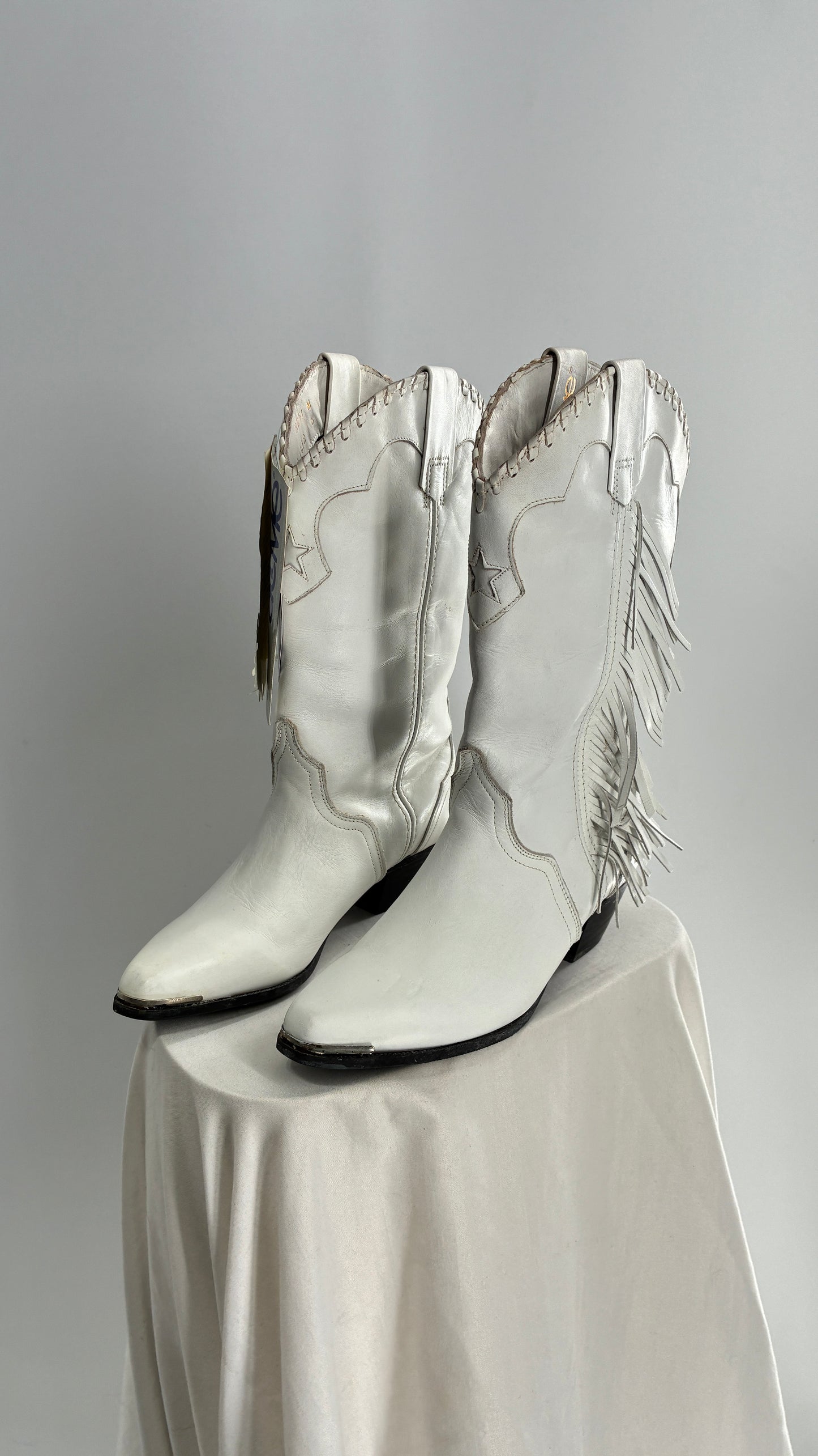 Deadstock Vintage ACME White Cowboy Boots with Braided Cuff, Fringe Sides(6)