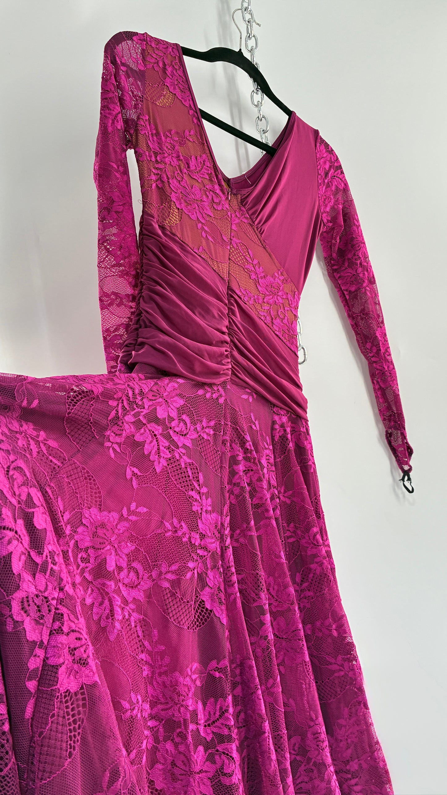 Vintage Fuchsia Flamenco, Lace and Mesh Paneled Gown with Gloved Hand Detail (Small)