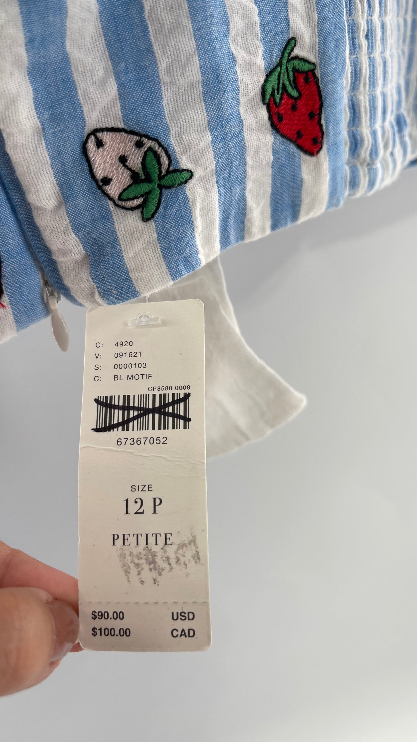 Maeve Anthropologie Baby Blue White Striped Corset Like Crop with Embroidered Strawberries with Tags Attached (12)