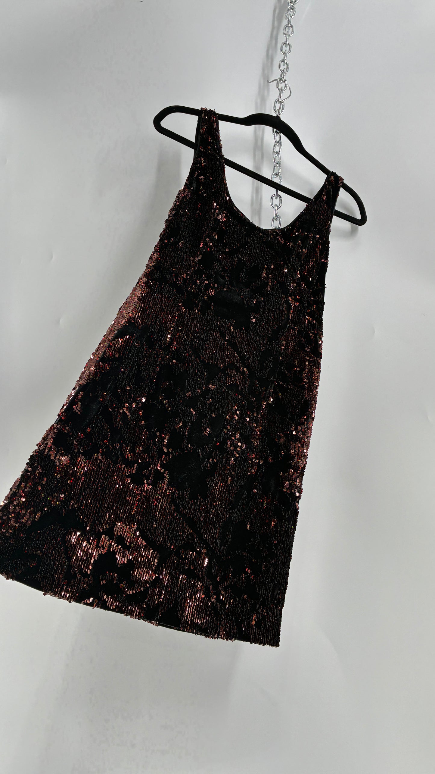 MILLY Cora Velvet, Black and Rose Gold Sequin Mini Dress with Built in Corset (4)