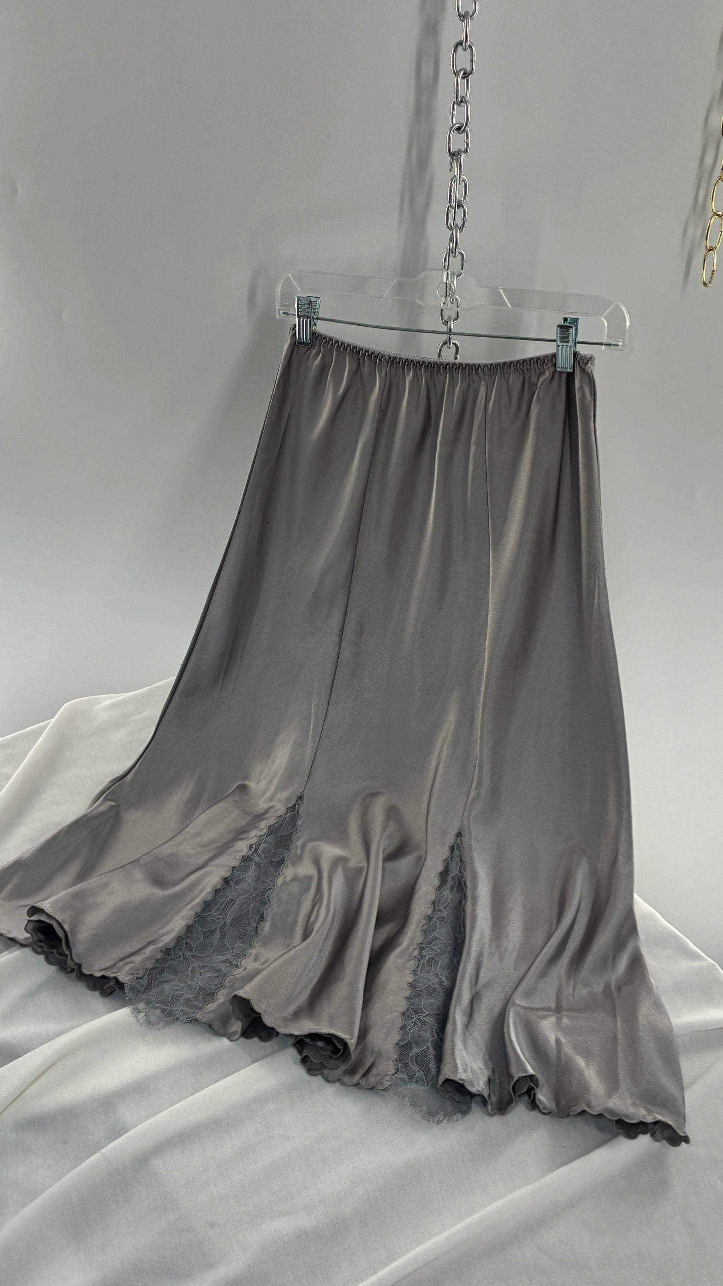 Vintage BARBIZON Silver Skirt with Lace Slits and Scalloped Hem (Medium)
