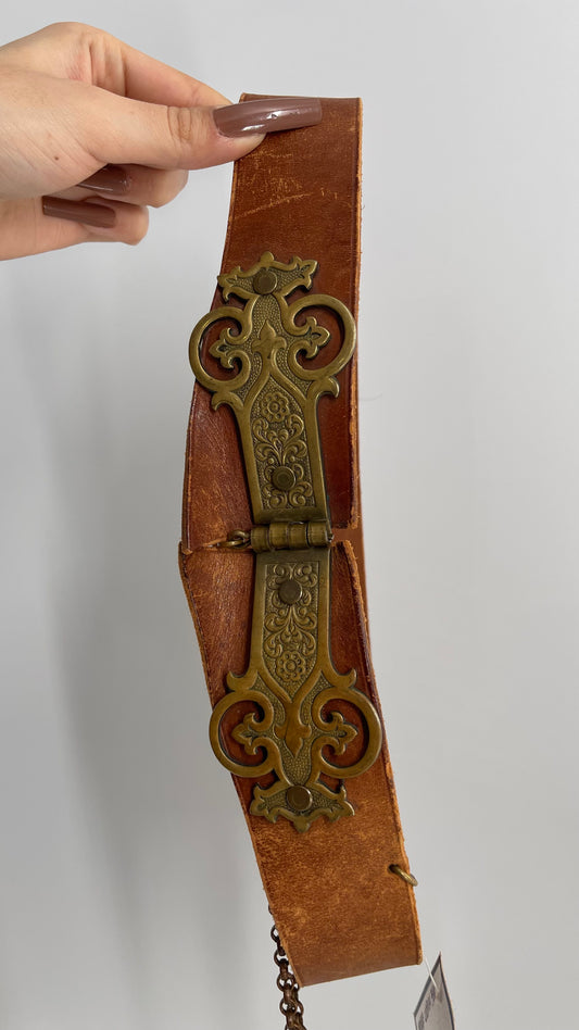 Vintage Antique Leather Waist Belt with Engraved Brass Brackets and Pin Closure (XS/S)