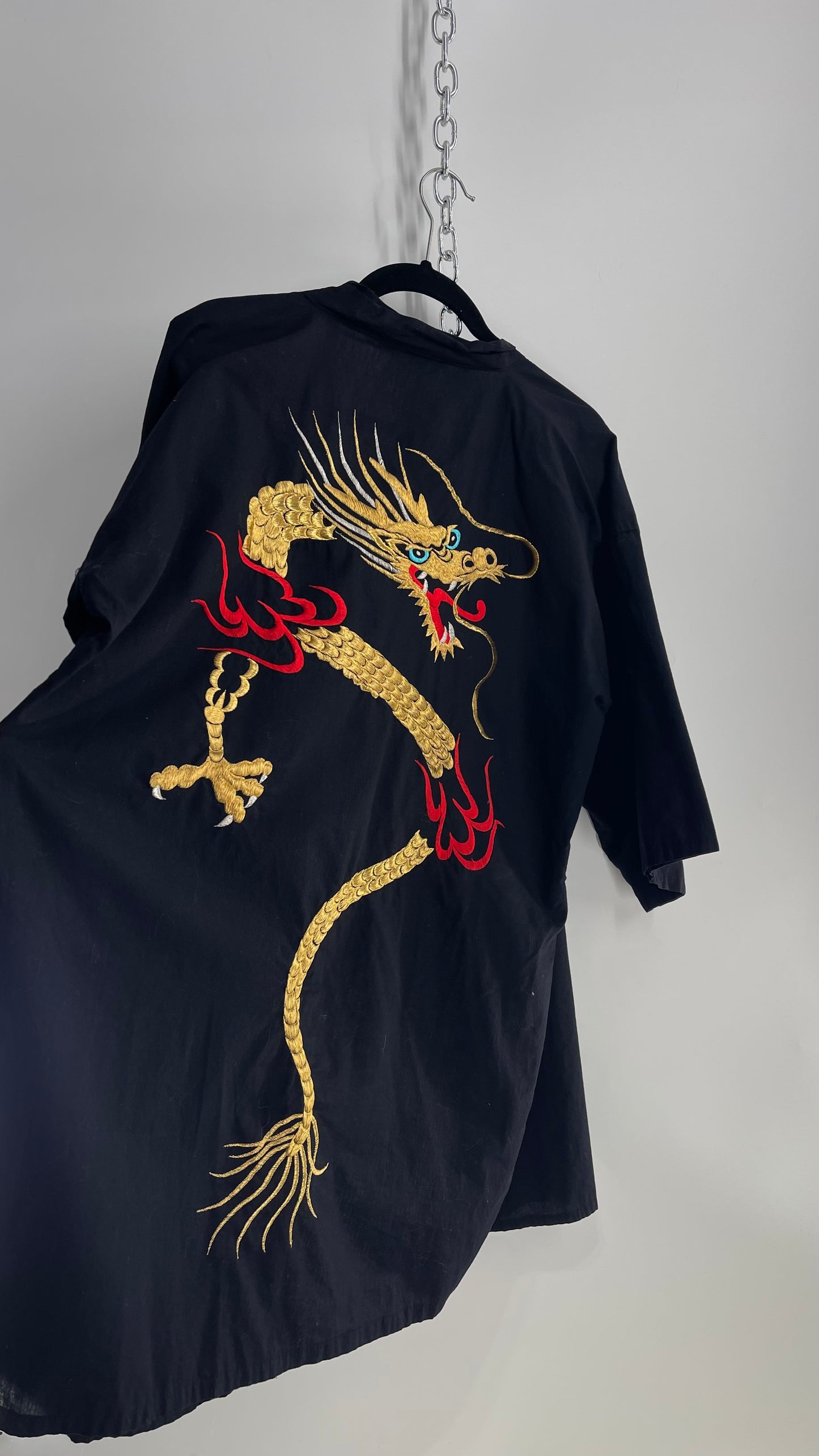 Vintage Japanese Cotton Cape/Kimono/Cardigan Robe with Hand Embroidered Gold Dragon (Small)