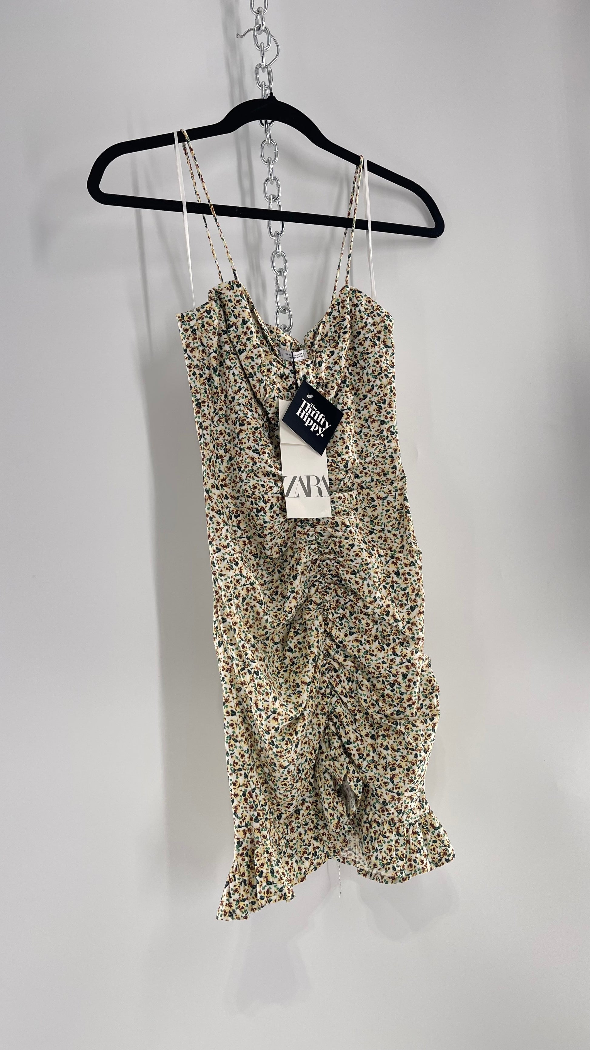 Zara Floral Ruched and Ruffled Mini Dress with Tags Attached (XS) The Thrifty Hippy Zara Floral Ruched and Ruffled Mini Dress with Tags Attached (XS) The Thrifty Hippy