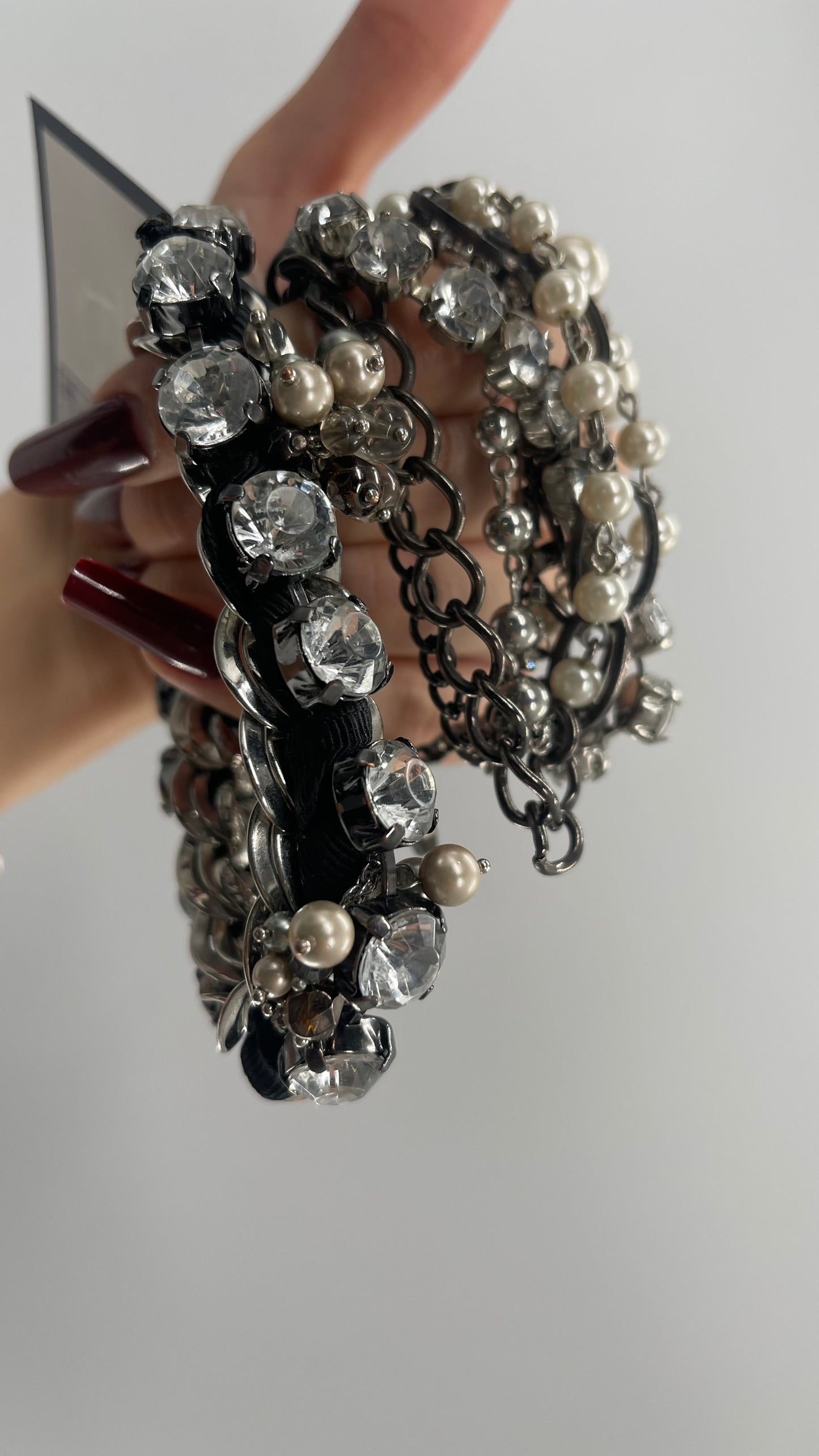 Vintage Heavy Layered Pearl Gunmetal Chain and Oversized Rhinestone 2pc Bracelet Set