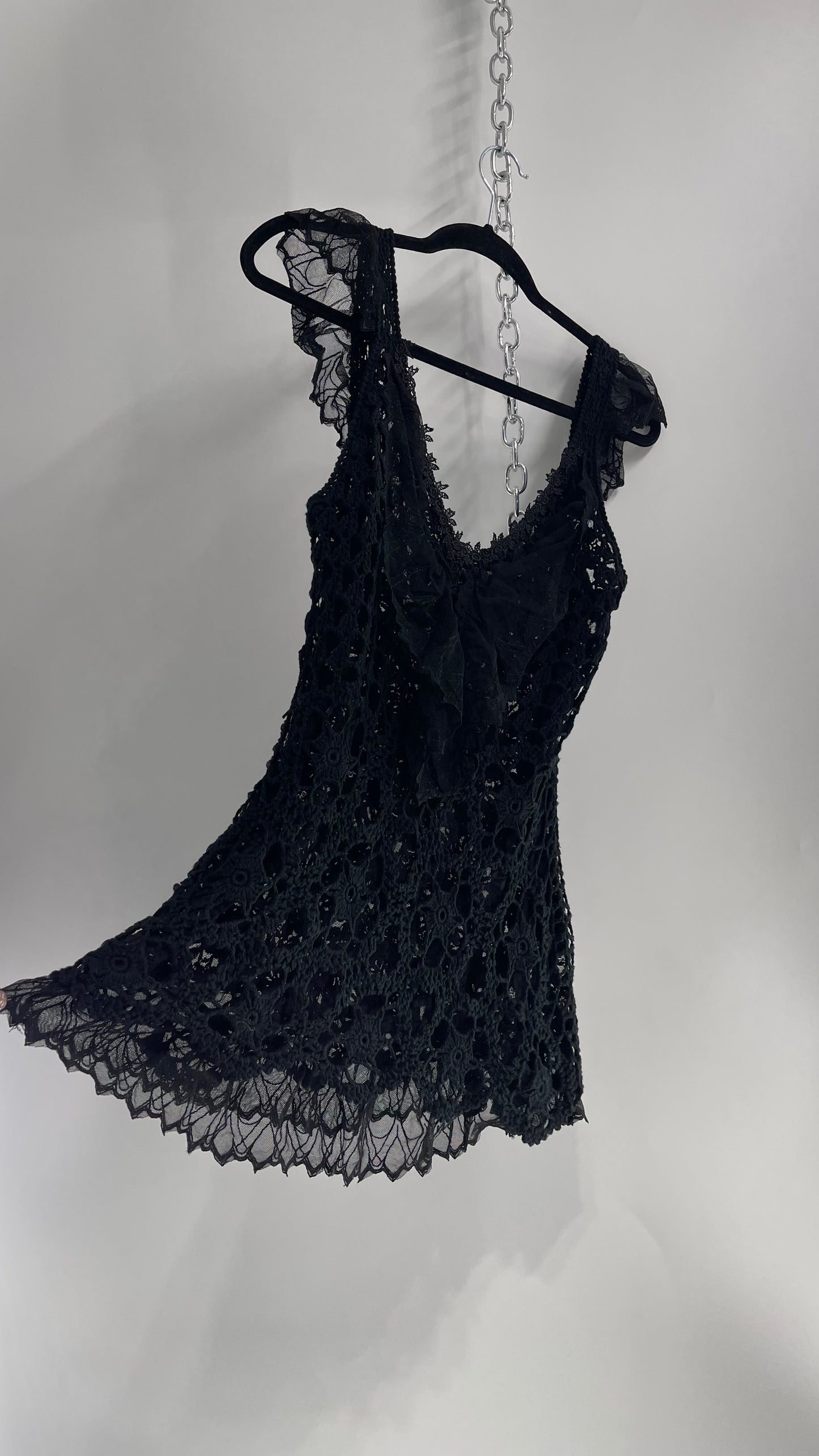 Vintage 1990s Boston Proper Black Crochet Long Tank with Lace Underlay and Ruffle Bust (Medium)