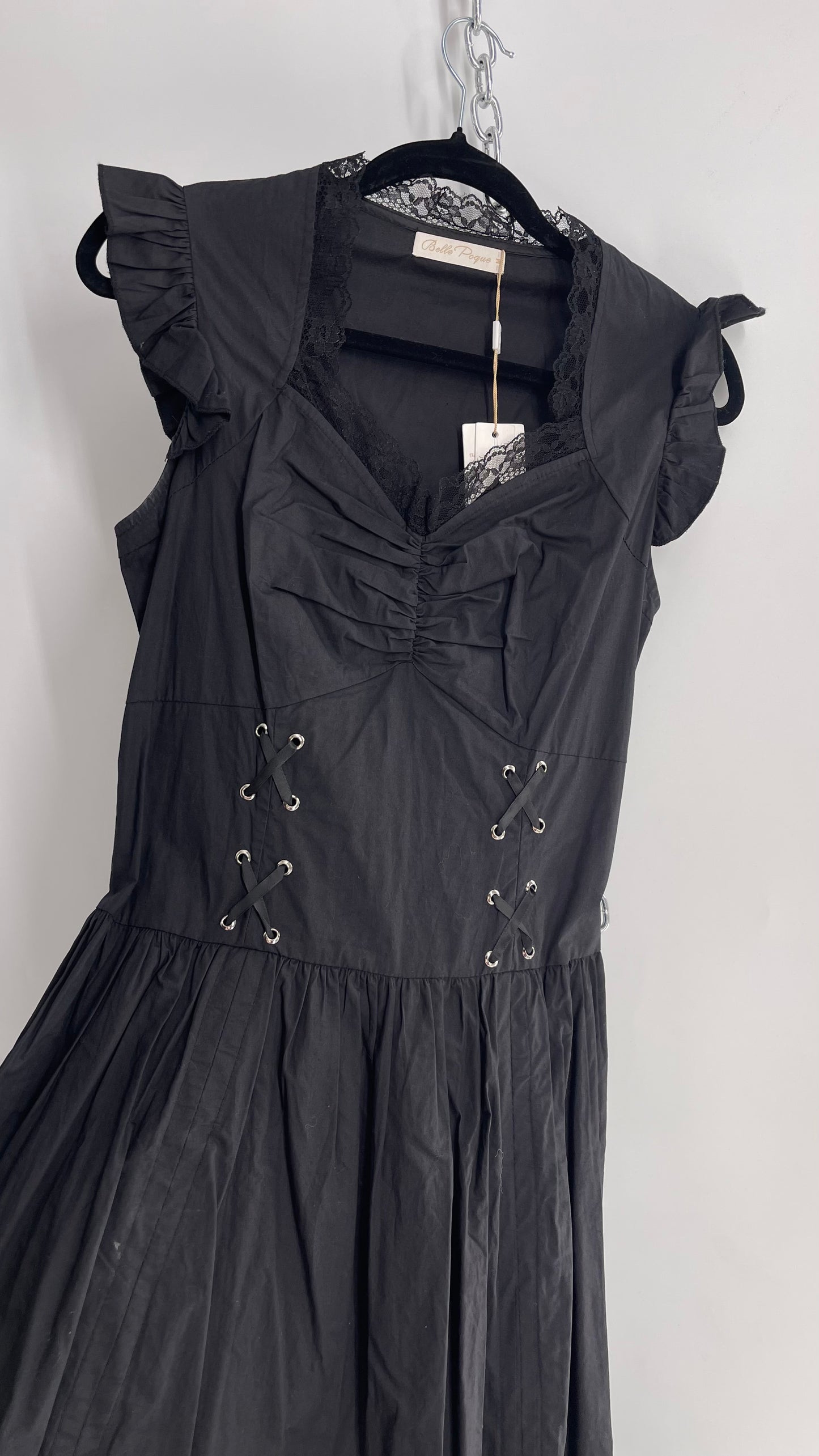 Belle Poque Black Corseted Style Mini Dress with Cinched, Draped Hem and Tags Attached (Medium)