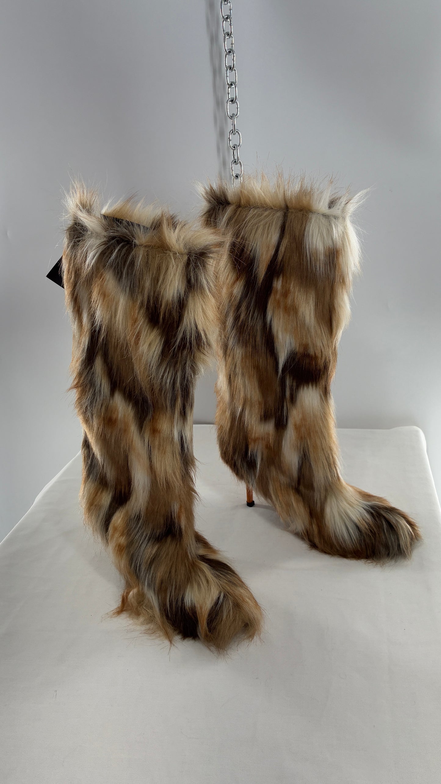 Vintage Mixed Tone Vegan Fur, Knee High, Pointed Toe Boots (43)