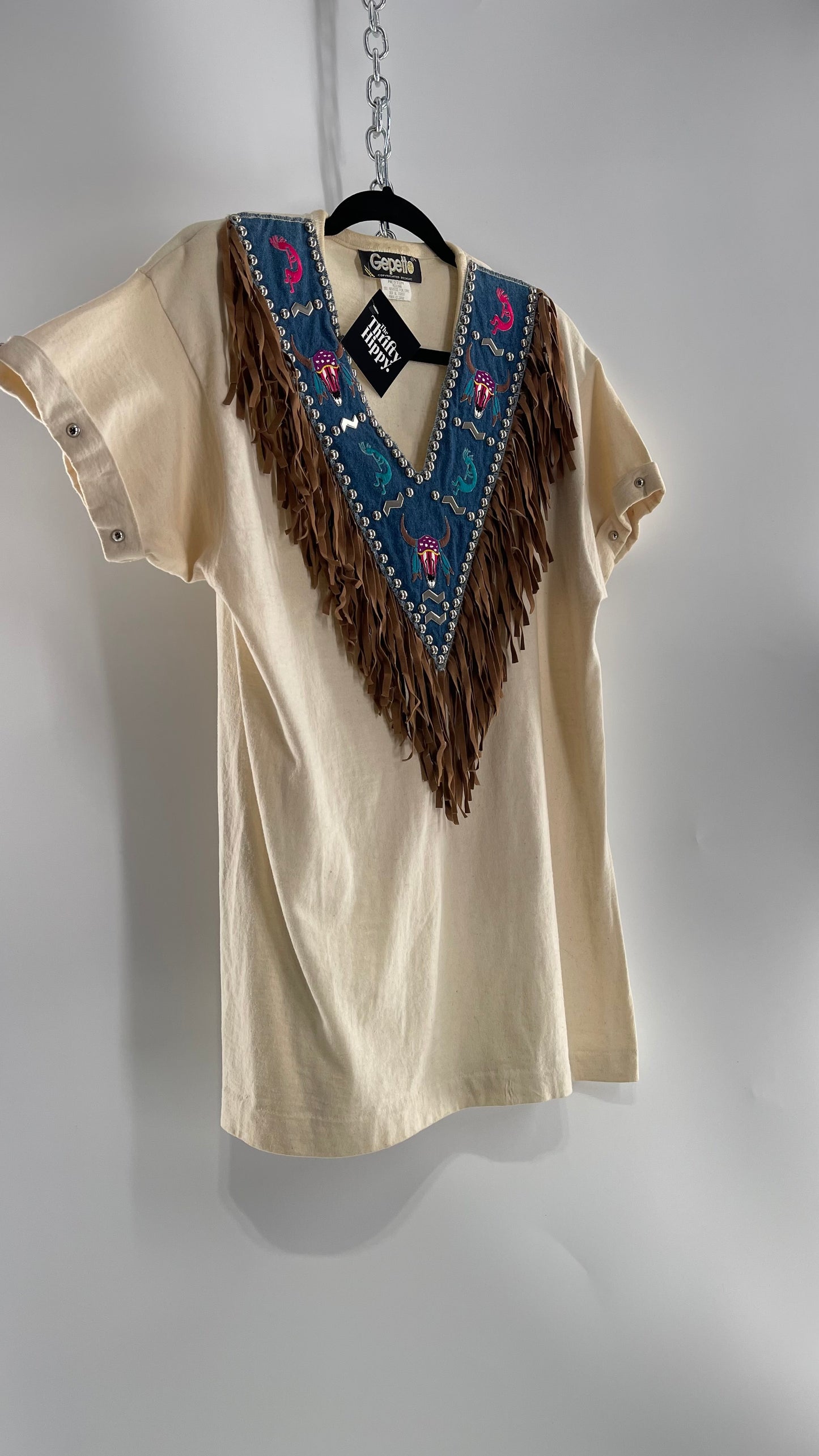 Vintage 1980s GEPETTO Off White Rodeo Western T Shirt with Denim Lined V Neck, Faux Leather Fringe Detail, Embroidery, and Heavy Duty Studs