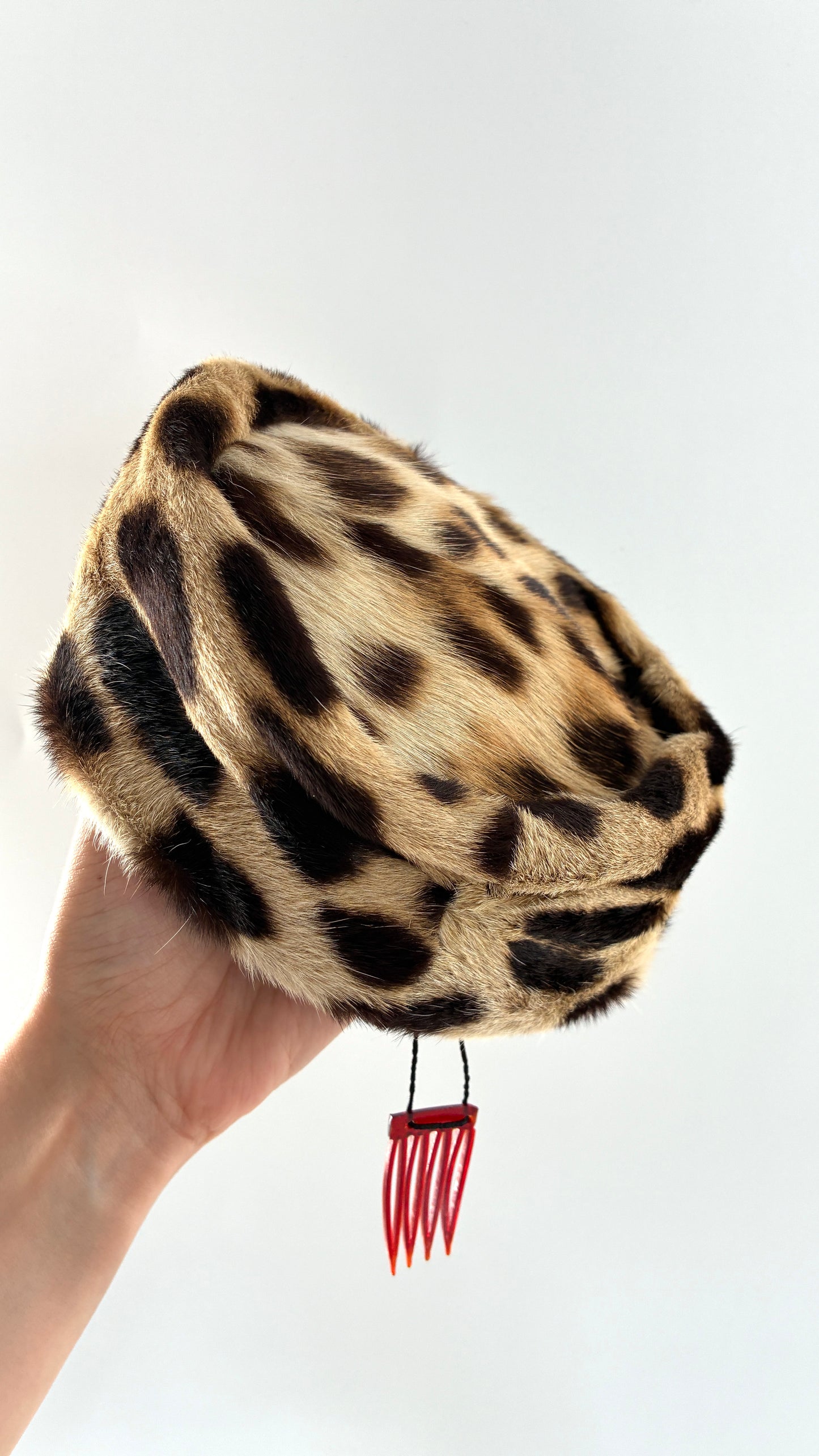 Vintage Cheetah Printed Genuine Fur Clip on Pill Box Hat