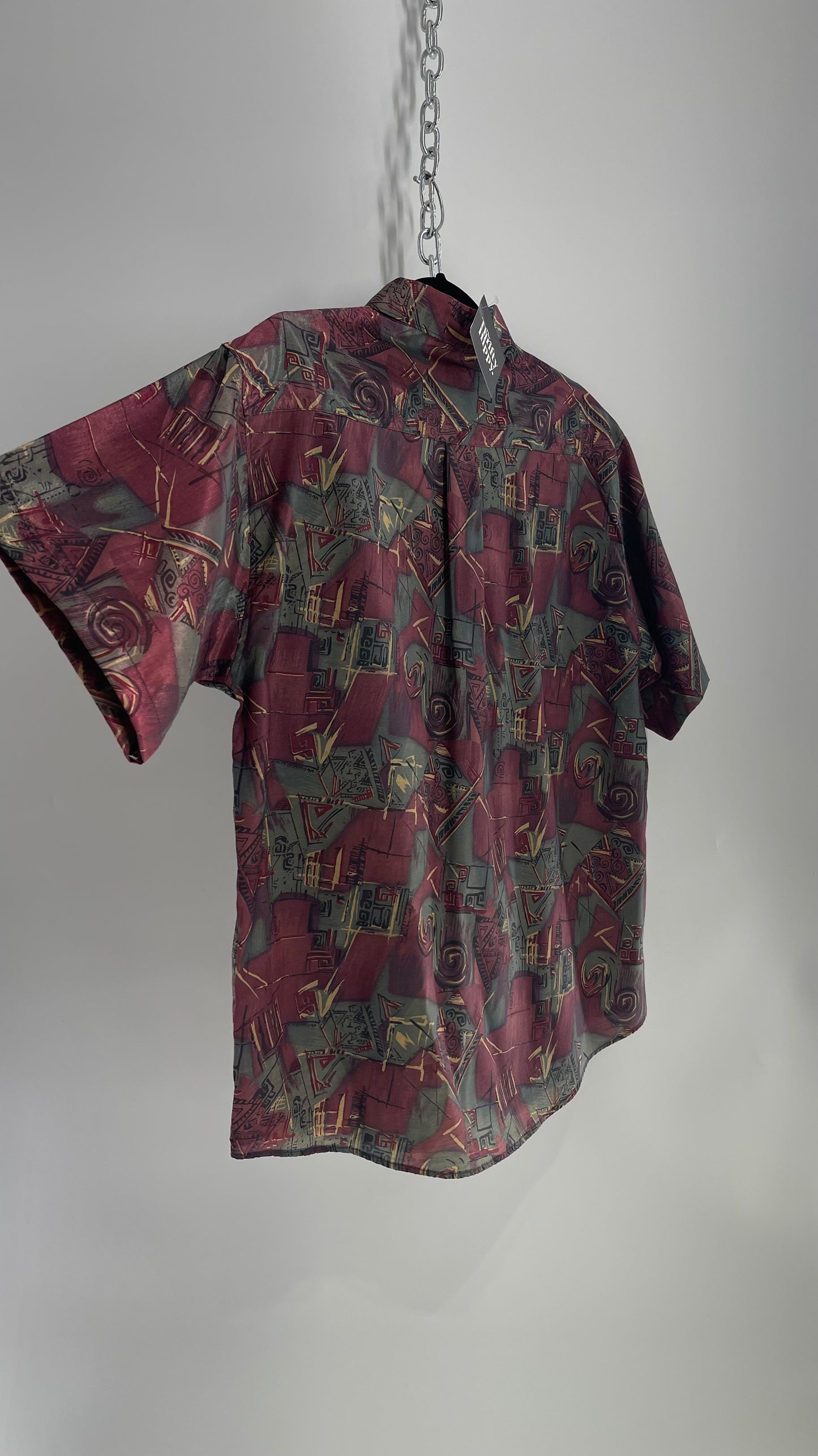 Vintage 1980s Thai Silk Burgundy Abstract Button Up (Medium)