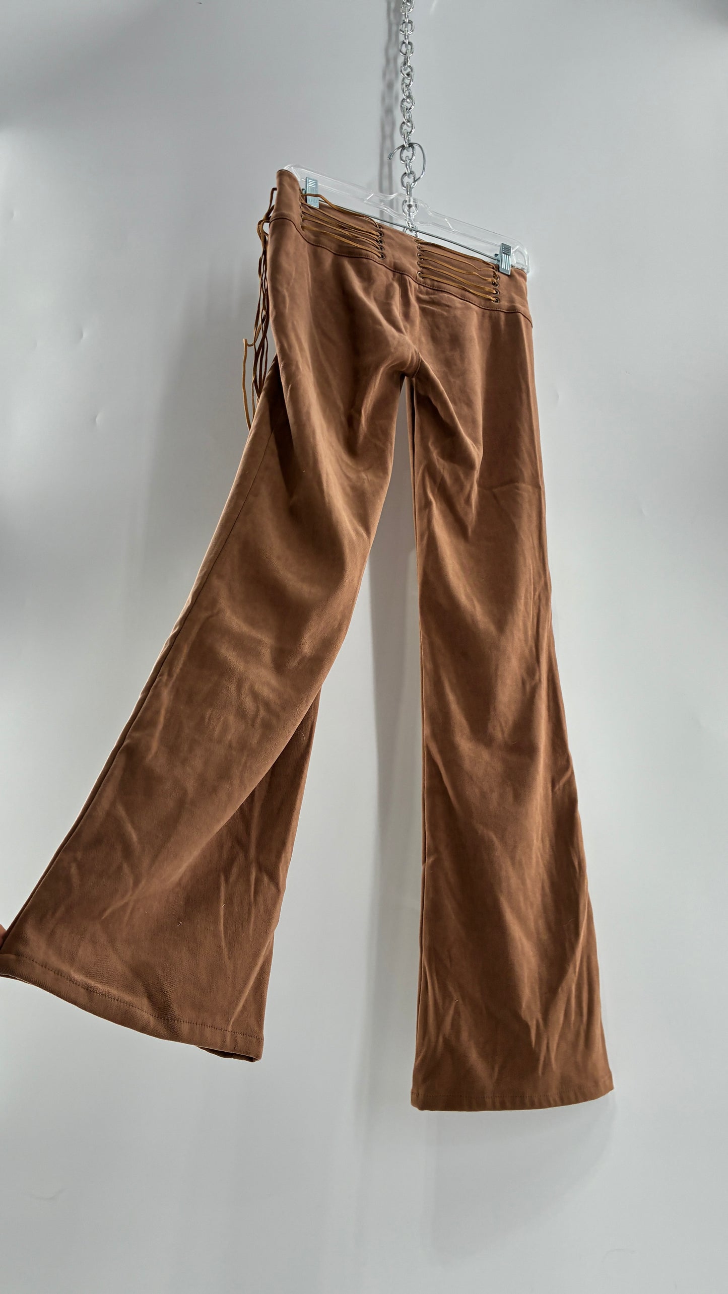Vintage Rare L.E.I Low Rise Faux Suede Kick Flares with Wide, Thread Through Tassels Hip Band (5)