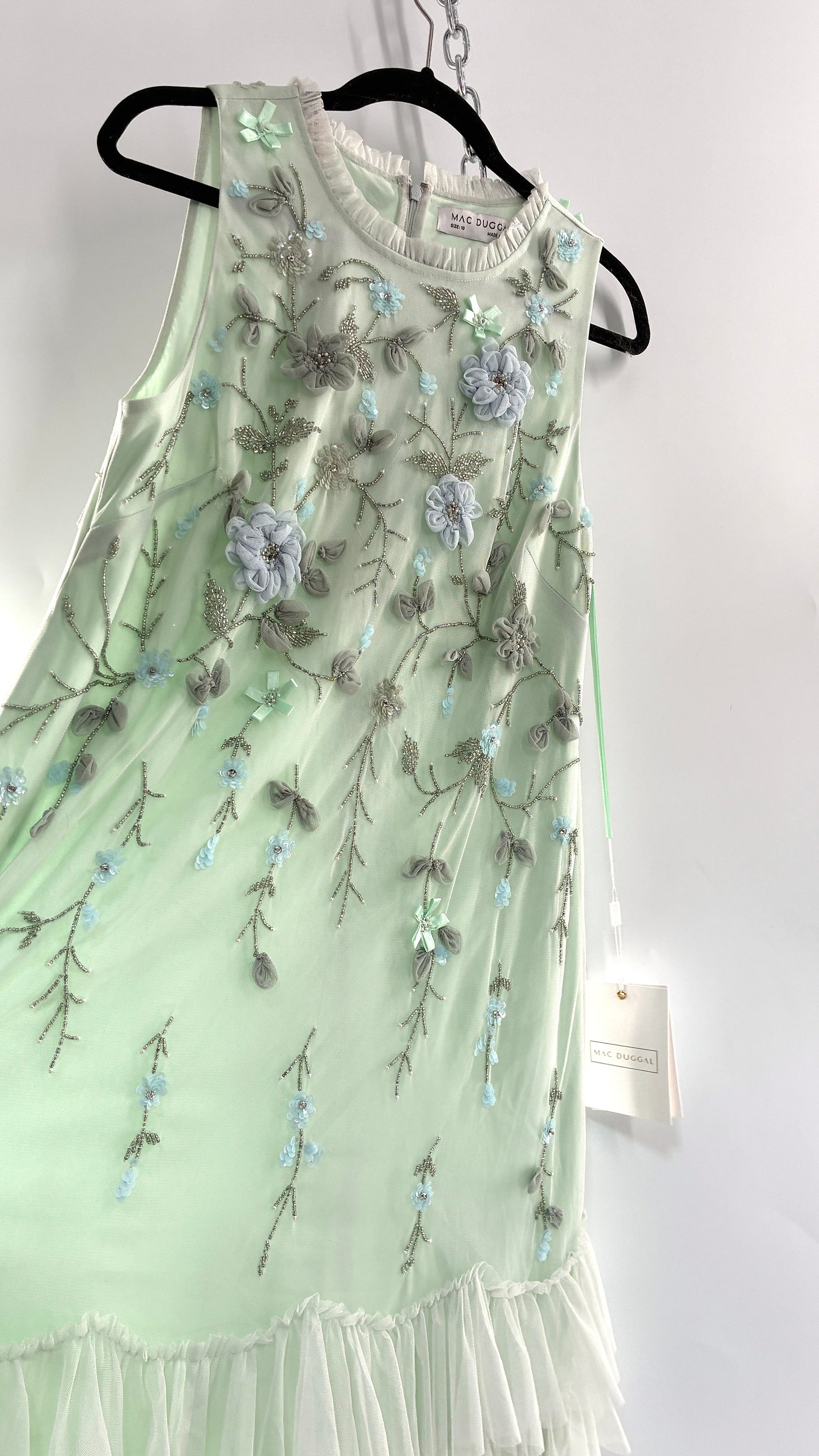 MAC DUGGAL Green Embellished Ruffle Tiered High Neck Floral Dress (10)