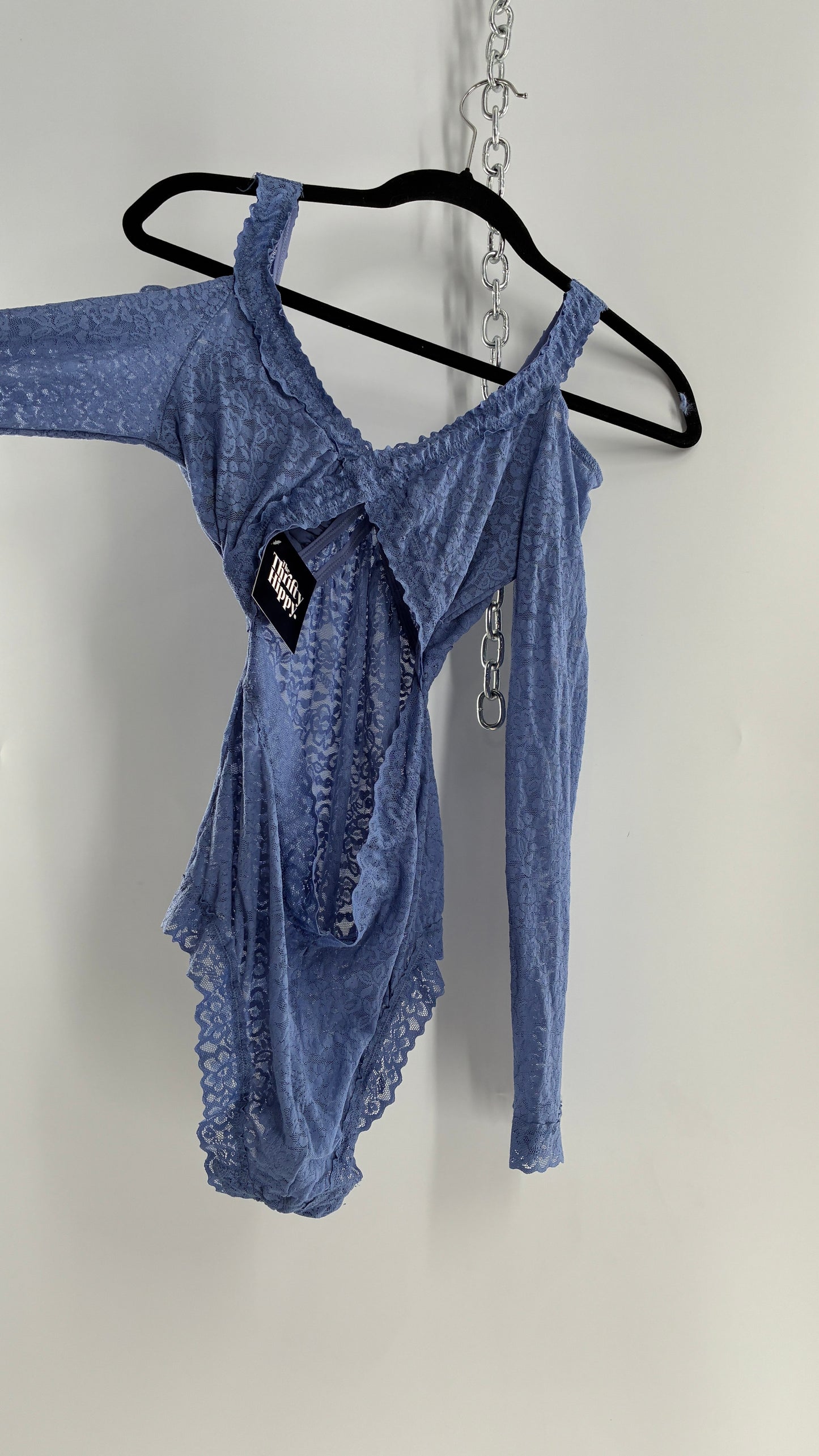 AERIE Periwinkle Blue Long Sleeve Cold Shoulder Open Back Lace Bodysuit (Large)