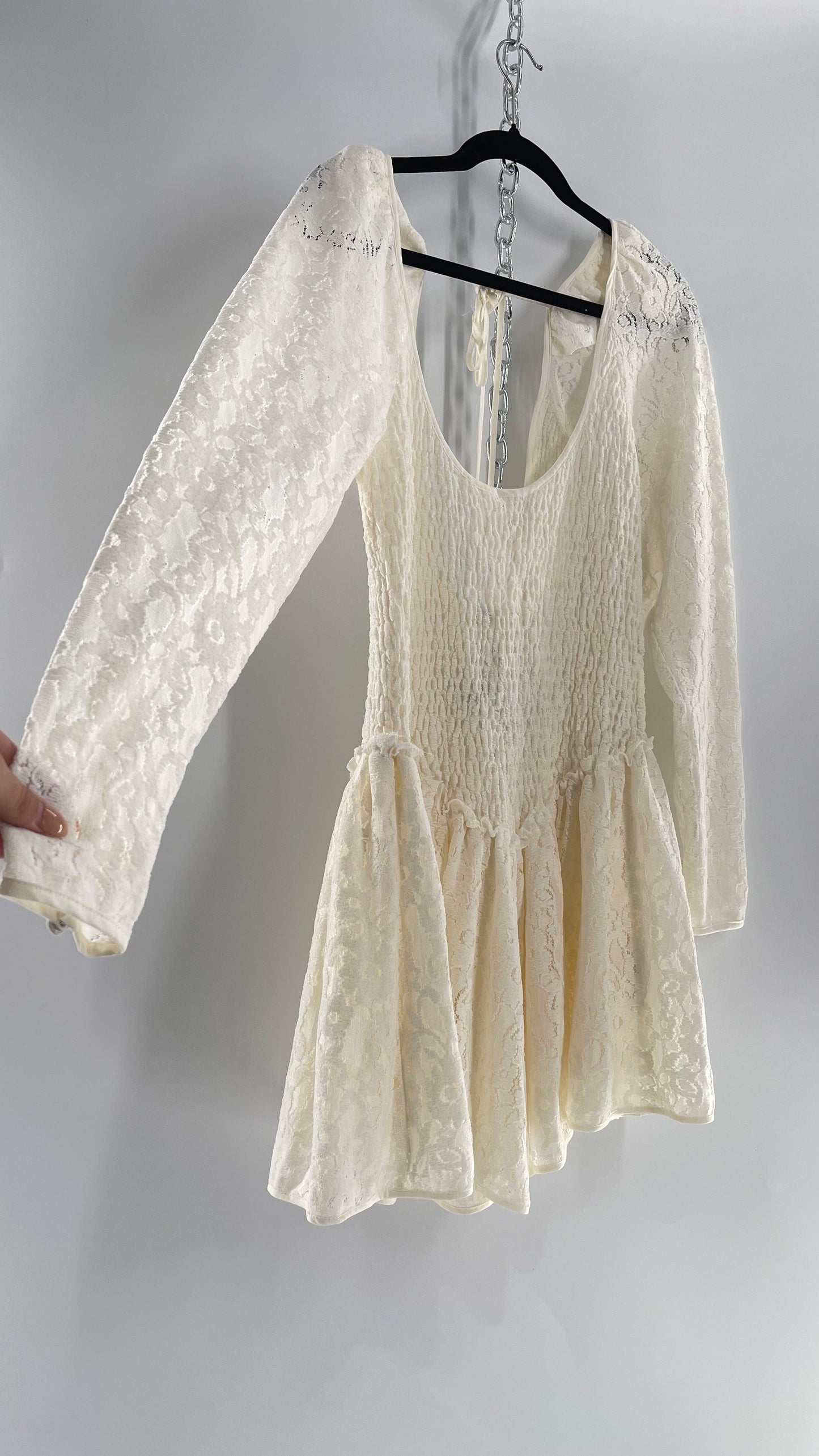 Free People White Velvet Lace Mini Dress (Small)