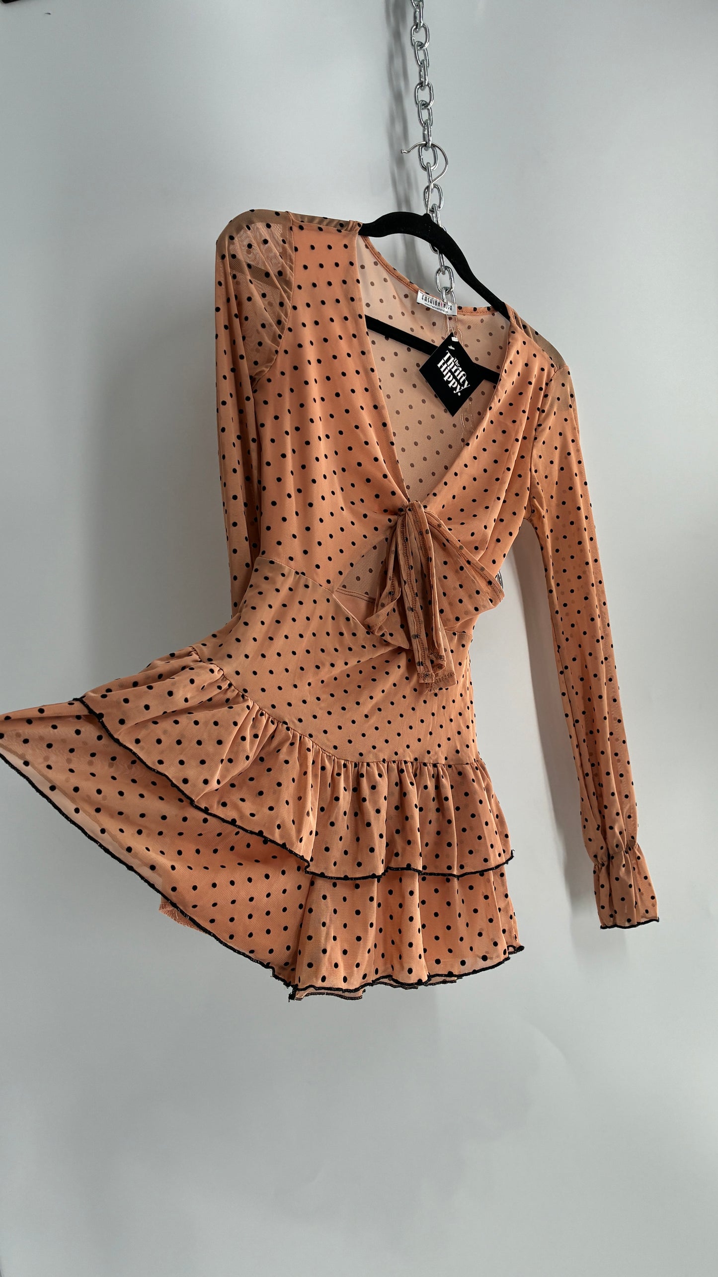 Fashion Nova Tan/Apricot Balloon Sleeve Romper with Ruffled Shorts and Cut Out, Tie Front Bust (Small)