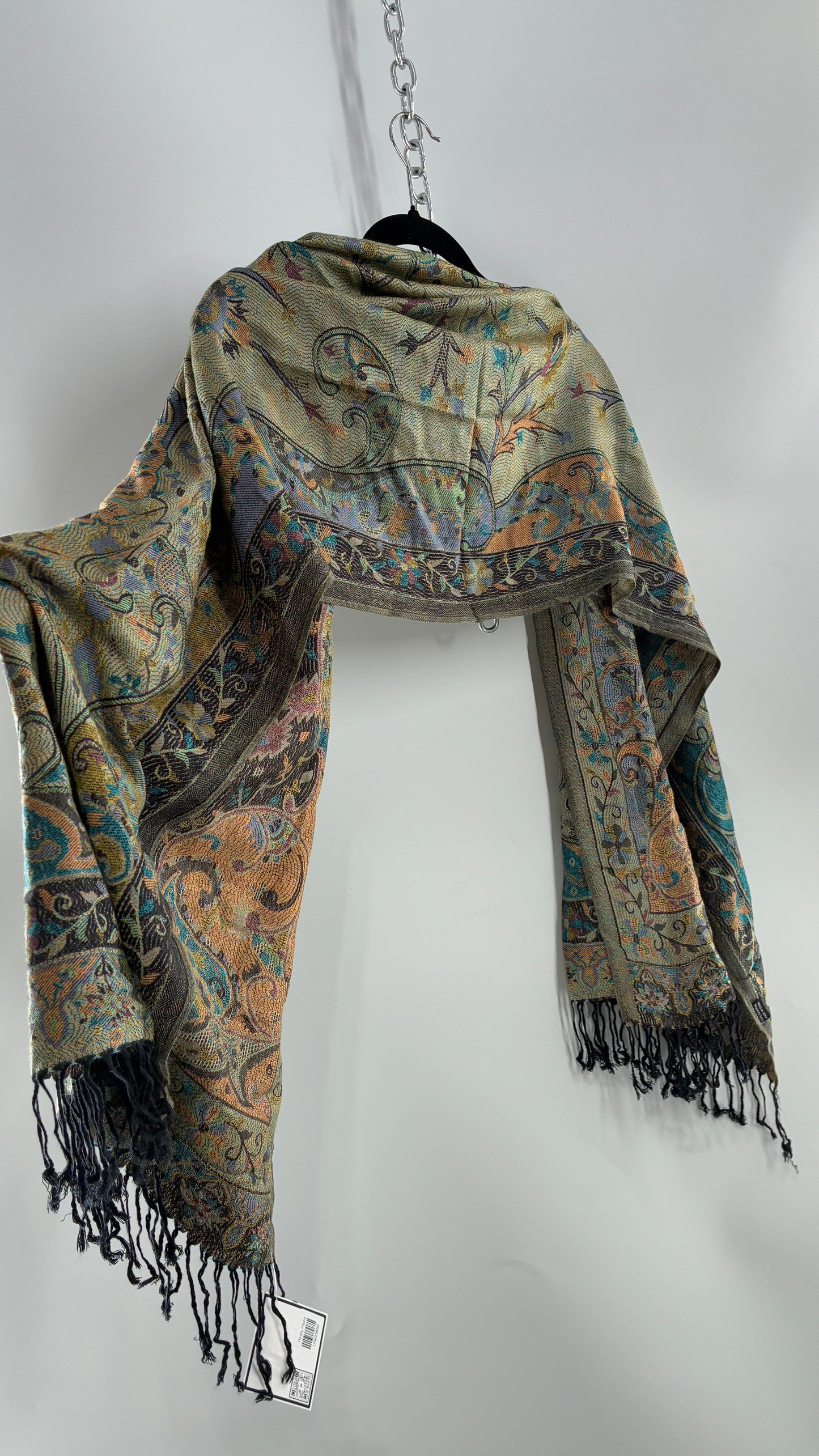 Vintage Pashmina Green Paisley Fringe Scarf