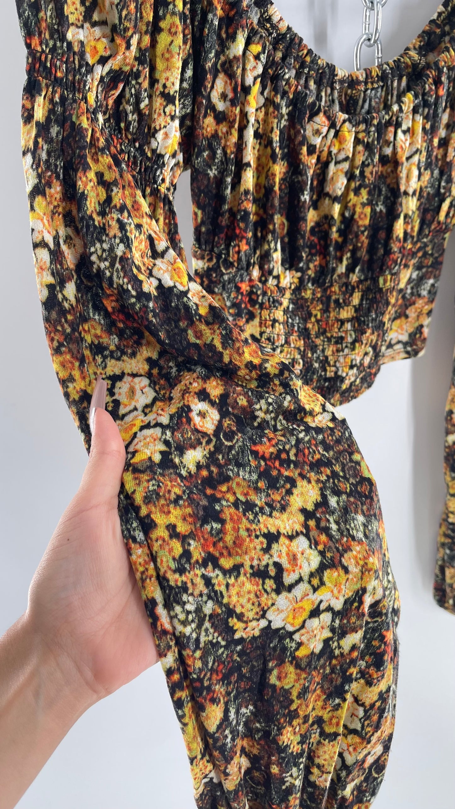 Urban Outfitters Black Yellow Fall Florals Balloon Sleeve Milkmaid Bust Top (Medium)