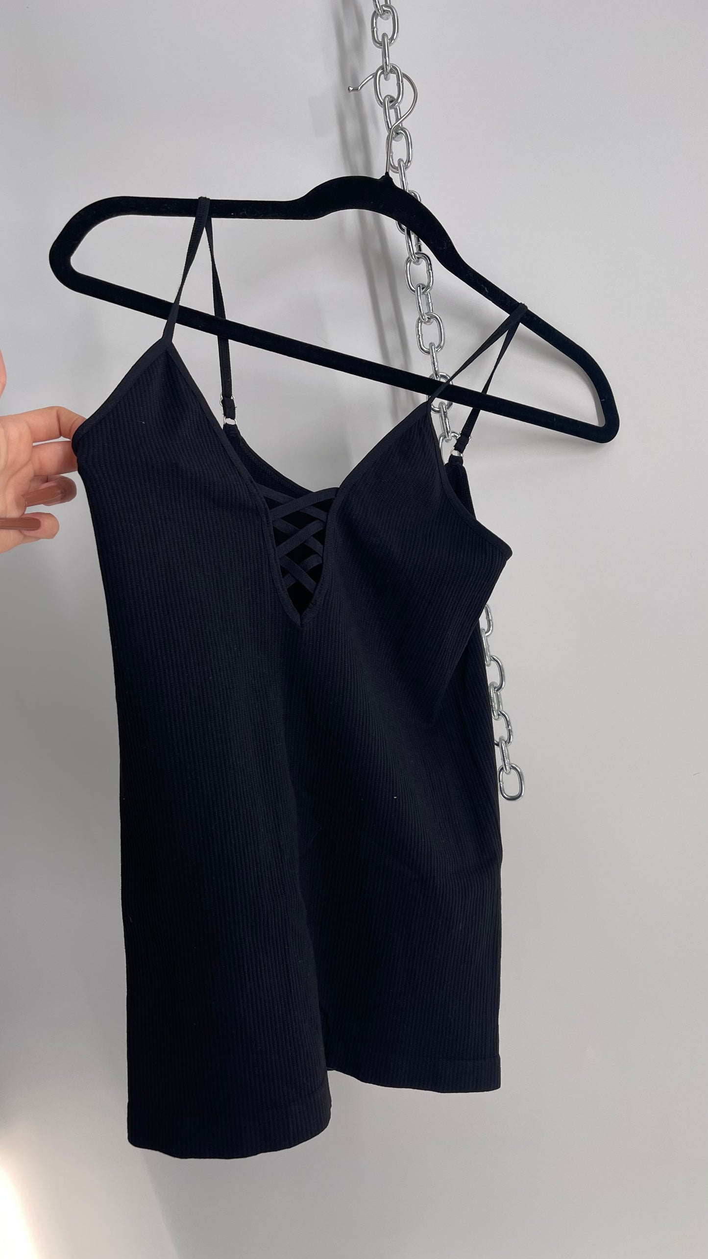 Free People Black Ribbed Lace Up Tank (XS/S)