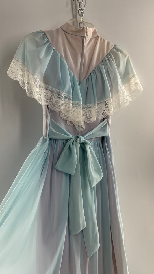 Vintage Handmade 1960s Powder Blue Overlay, Lilac Underlay Gown, Prairie Wedding Dress