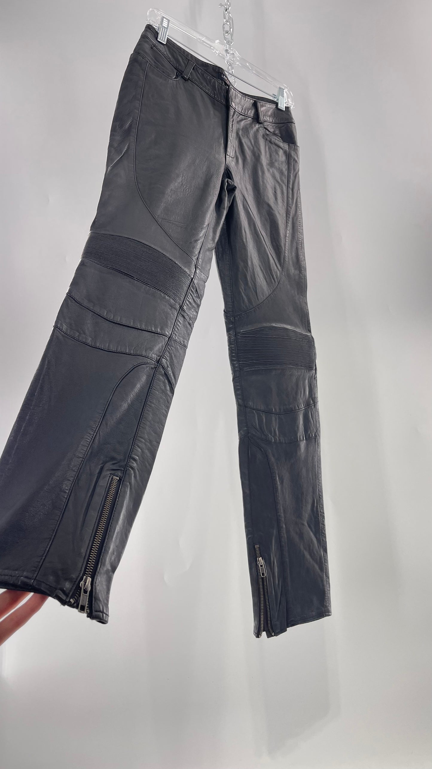 LAMARQUE 1990s Collection Vintage Black Leather Moto Style Pant with Panels, Ribbing and Zipper Details (6)