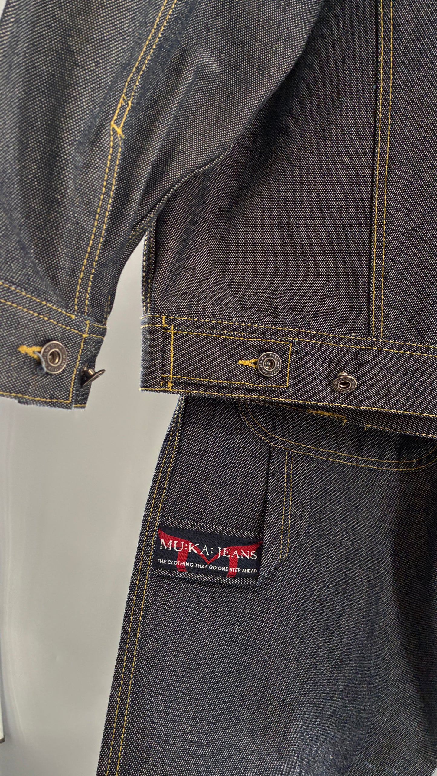 Vintage 1990s MU:KA: JEANS Men’s Dark Wash Japanese Style Denim Baggy Straight Legs and Oversized Jacket Set (L, 32x32)