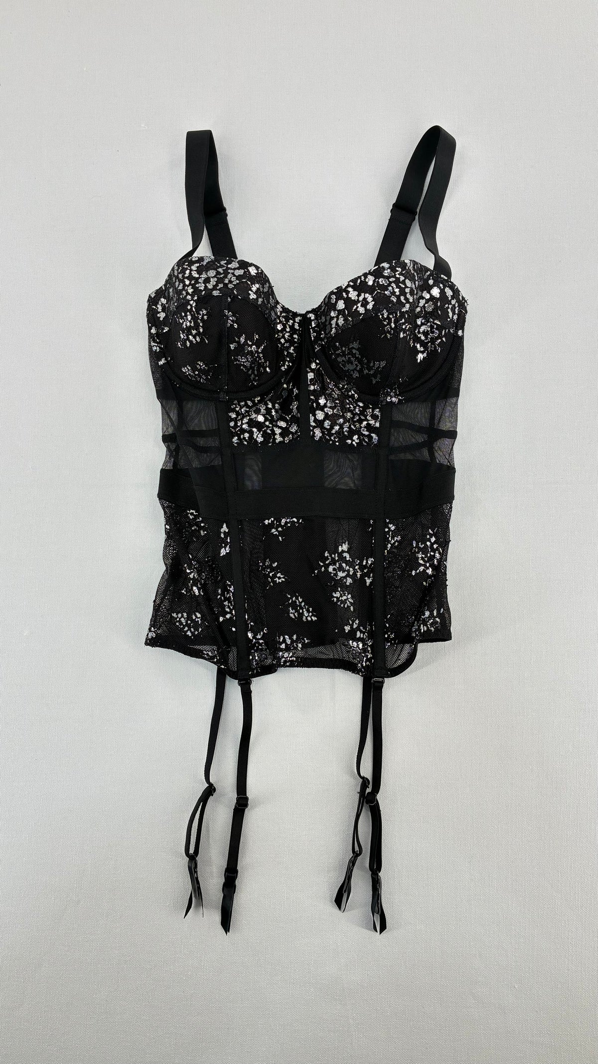 Deadstock Vintage VICTORIA’S SECRET Black and Silver Mesh, Lace Corset with Tags Attached (32C)