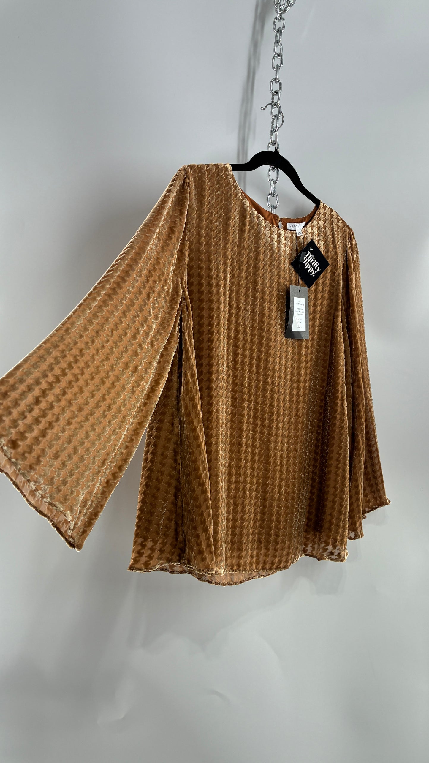 JESSIE LIU Lainey Bell Sleeve Burn Out Effect Silk Blouse (XL)