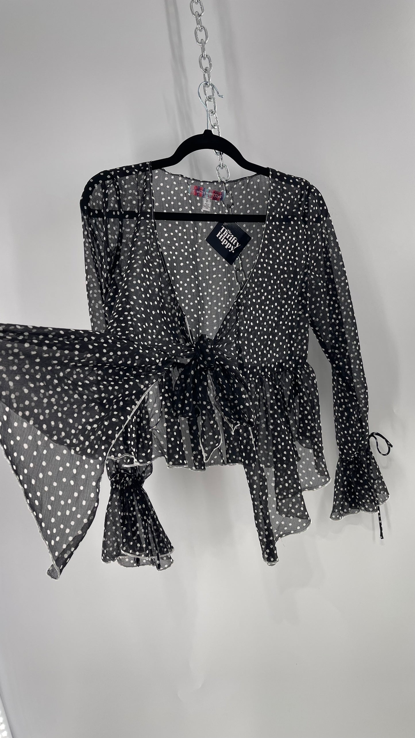 Urban Outfitters Black and White Polka Dot Tie Front Blouse with Tie Sleeve Detail (Small)