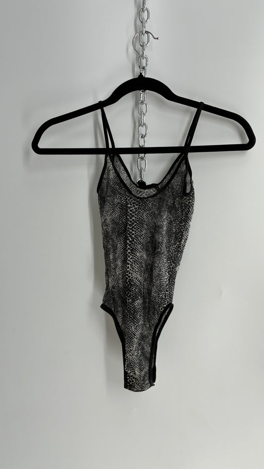 Vintage 1990s Sheer Snakeskin Patterned High Cut Bodysuit (S)