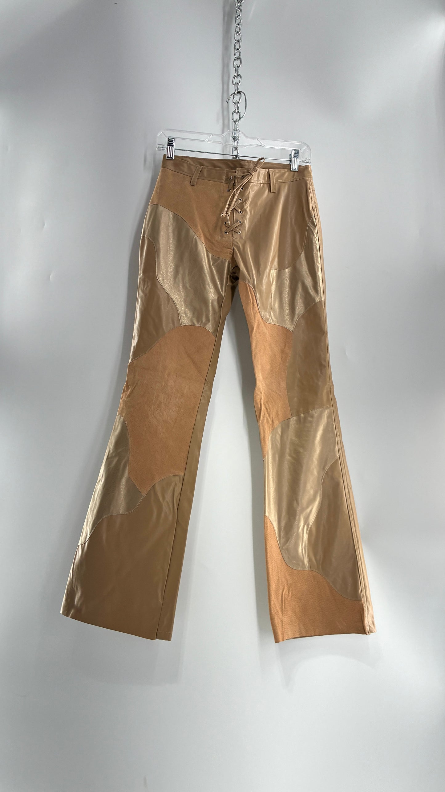 Vintage OUTER EDGE Patchwork Vegan Leather Kickflares with Tie Up Waistline (5)