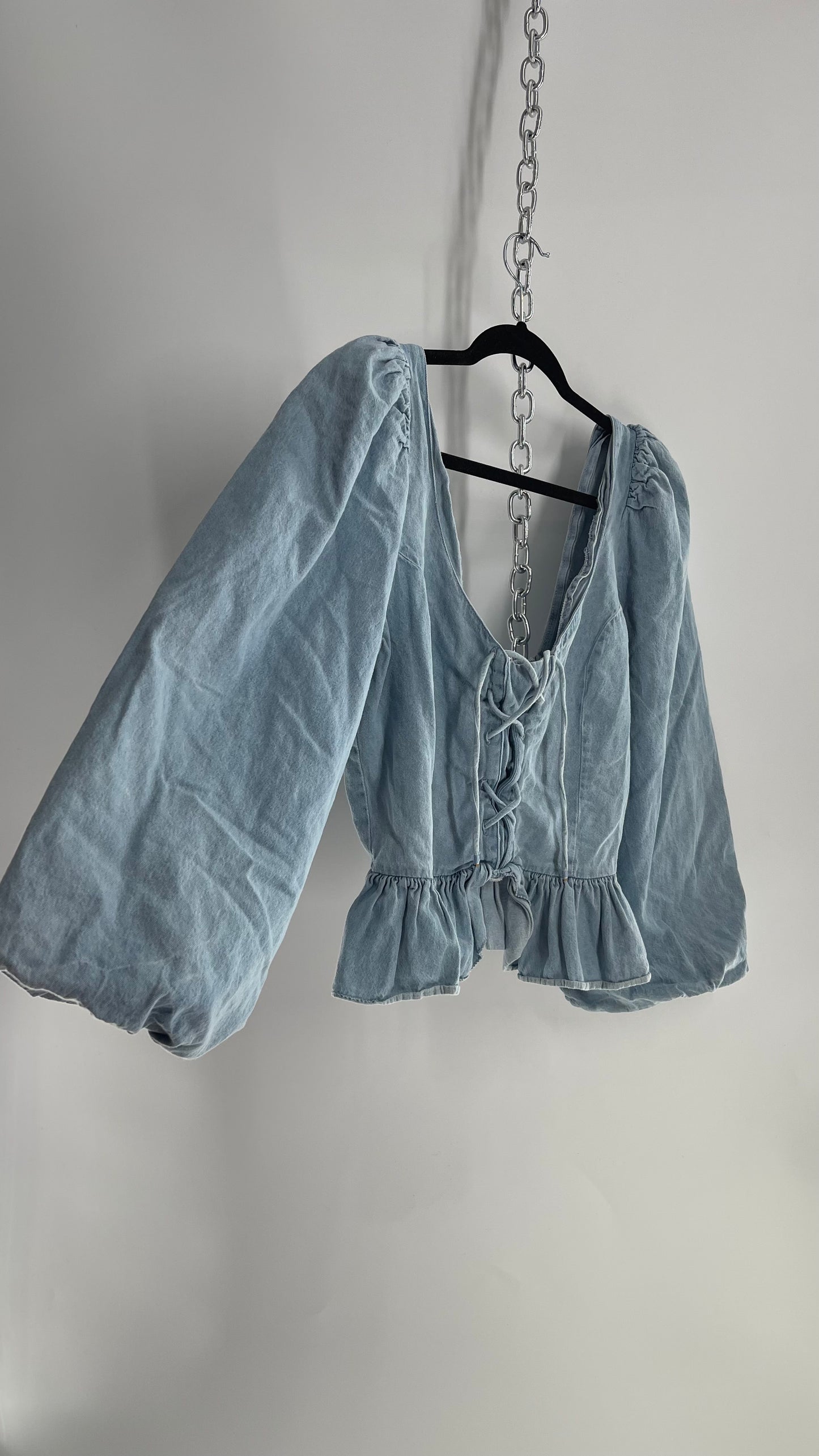 Love the Label Light Wash Denim Puff Sleeve, Ruffled Waist, Tie Bust Blouse (Large)