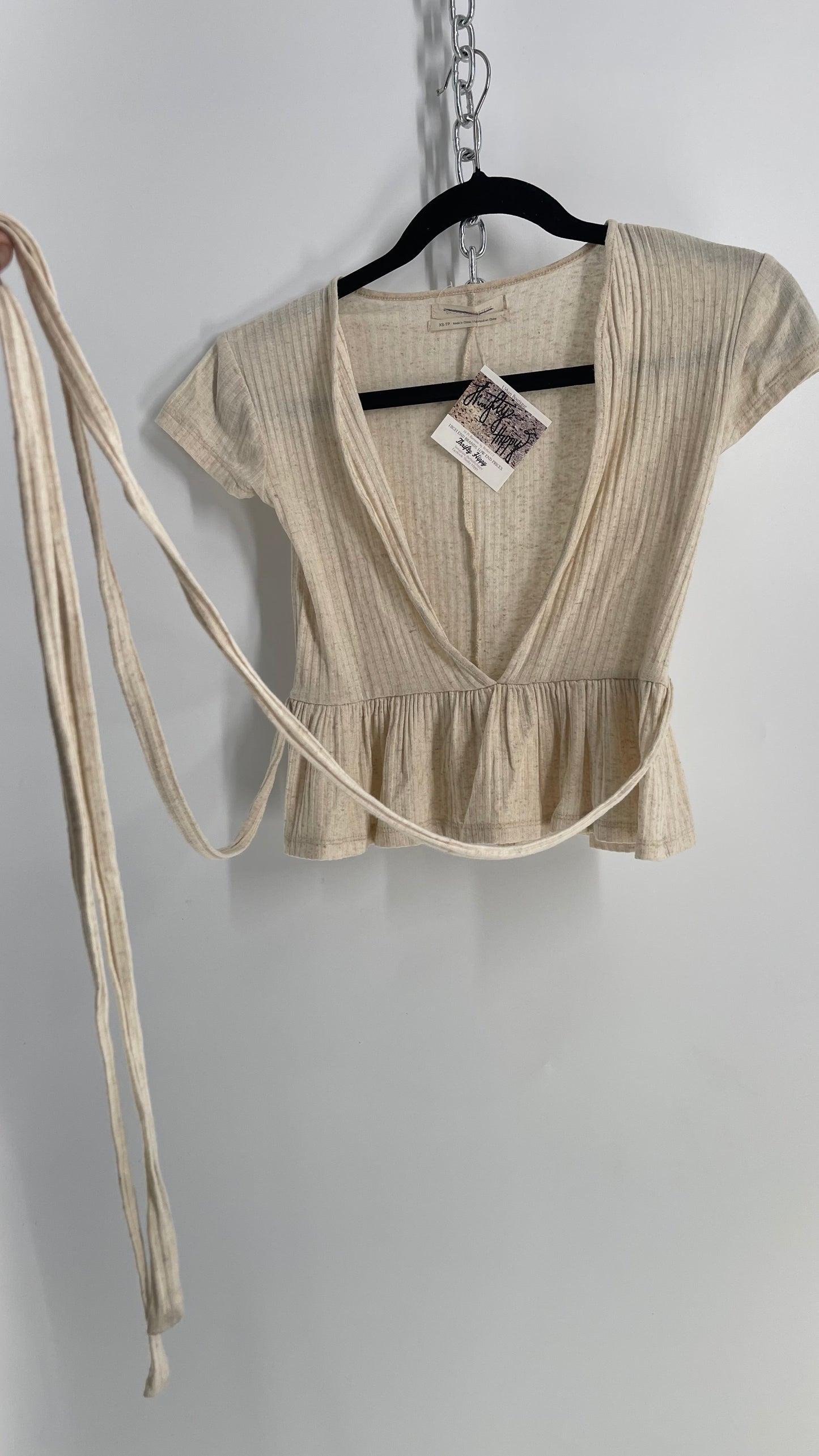 Urban Outfitters Oatmeal Beige Peplum Top with Waist Snatching Ties (XS)