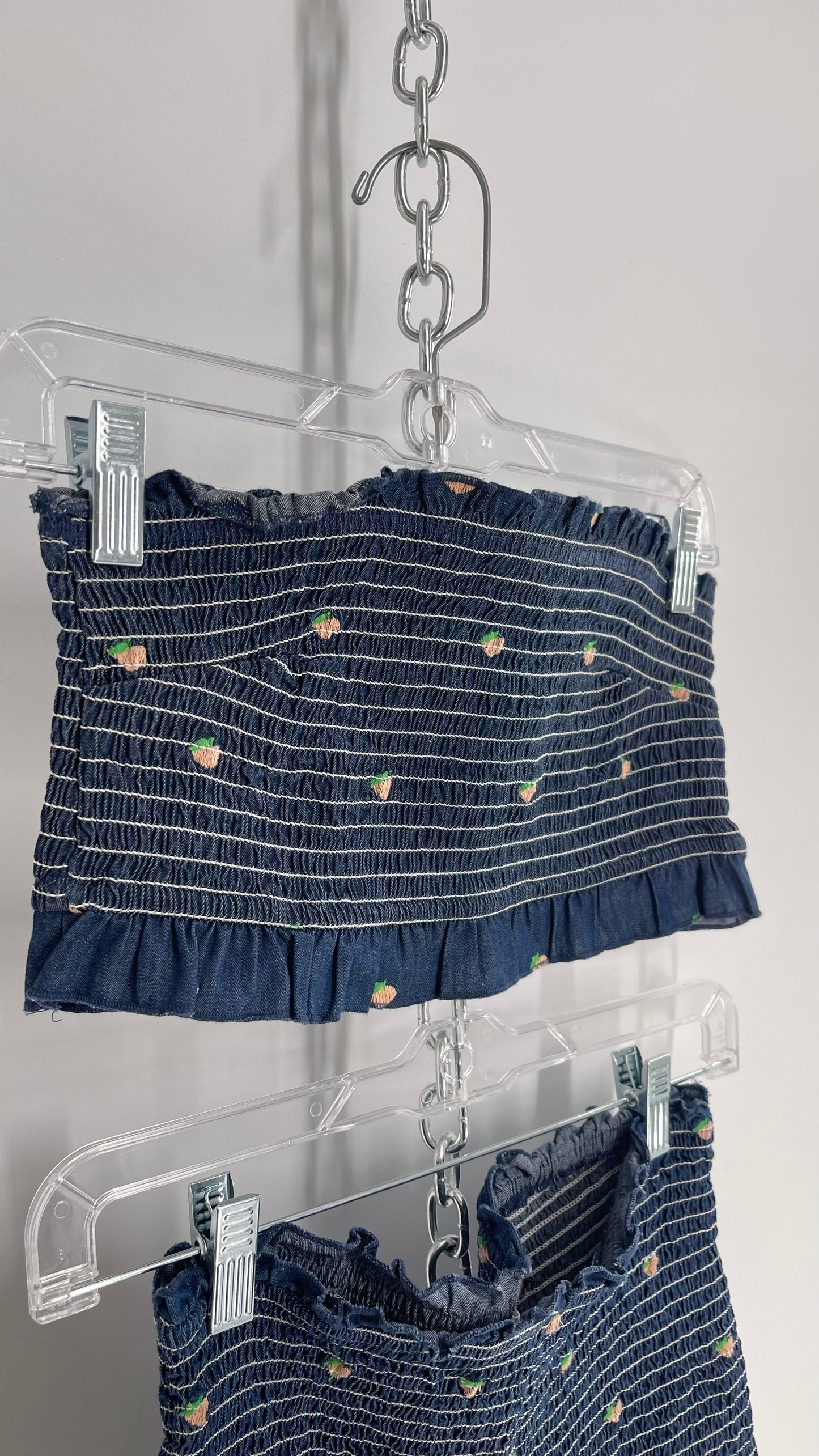 Urban Outfitters Denim 2 Piece Tube Top and Shorts Set with Embroidered Fruit (L Top S Bottoms)